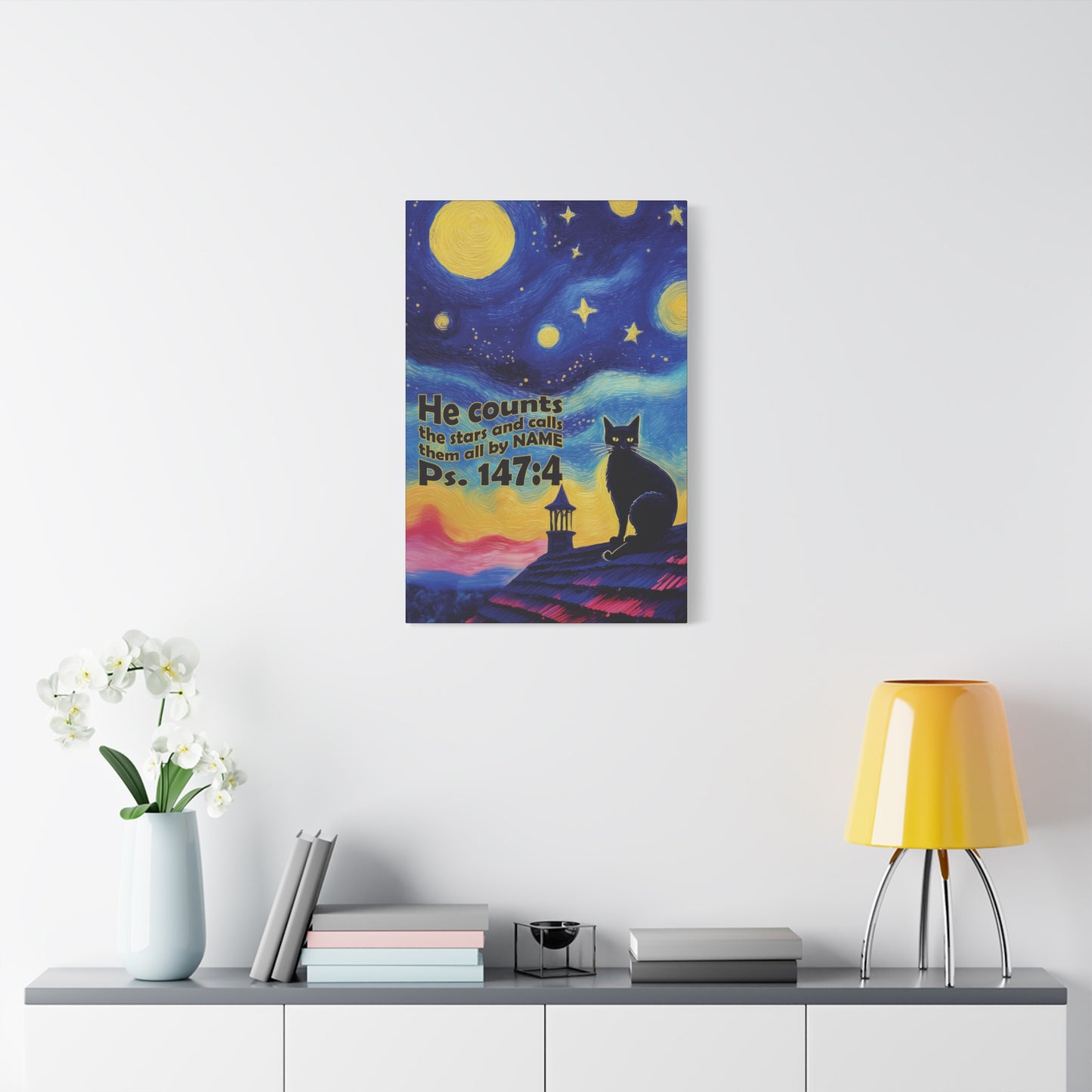 Starry Night Cat Canvas Print, Inspirational Wall Art, Cozy Home Decor, Cat Lover Gift, Psalms 147:4