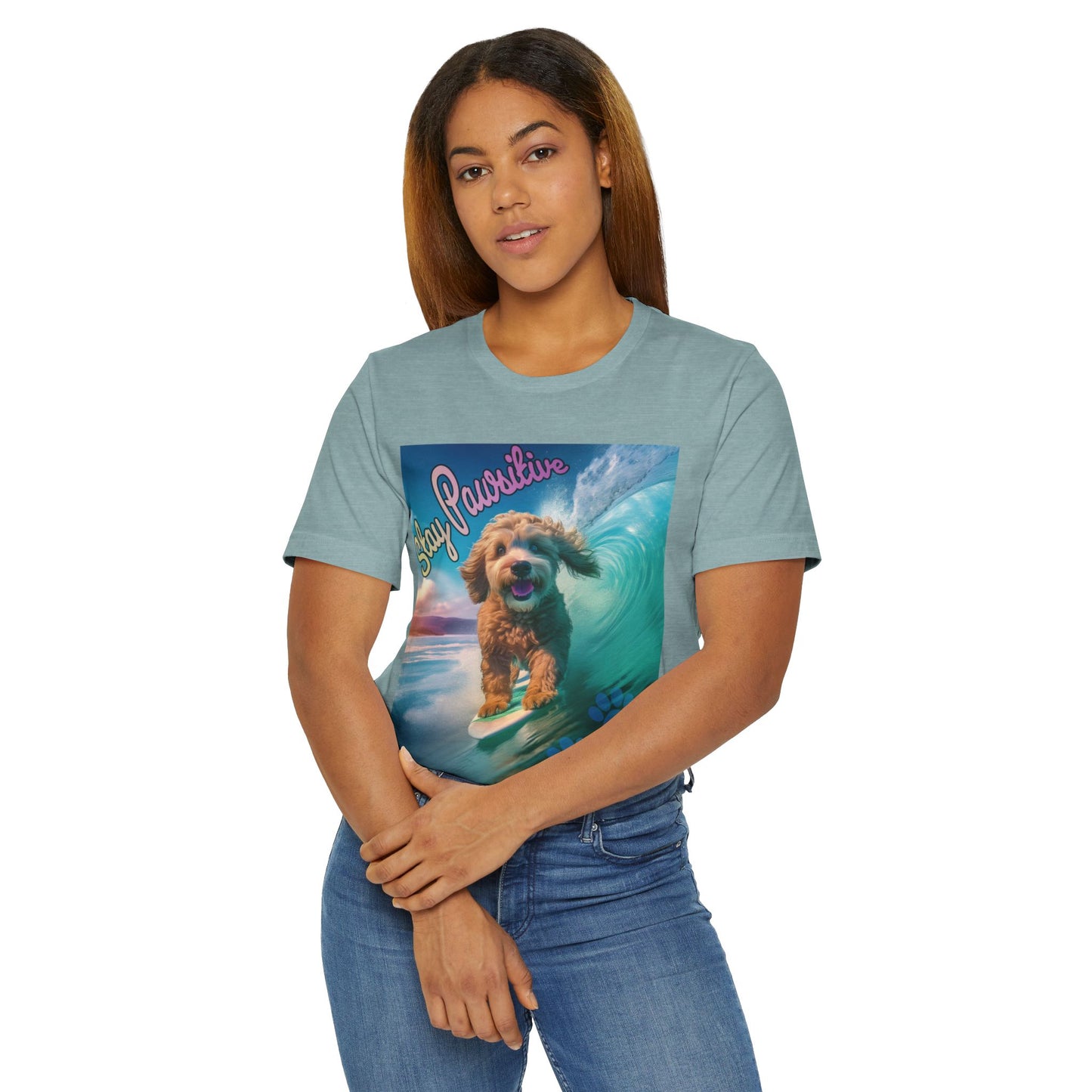Surfing Dog Unisex Jersey T-Shirt | Stay Pawsitive Tee, Pet Lover Gift, Beach Outfit, Fun Summer Shirt, Dog Mom Apparel