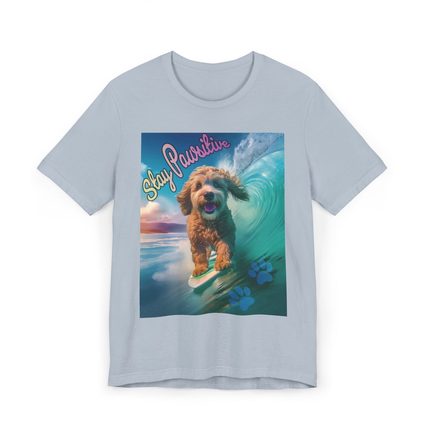 Surfing Dog Unisex Jersey T-Shirt | Stay Pawsitive Tee, Pet Lover Gift, Beach Outfit, Fun Summer Shirt, Dog Mom Apparel