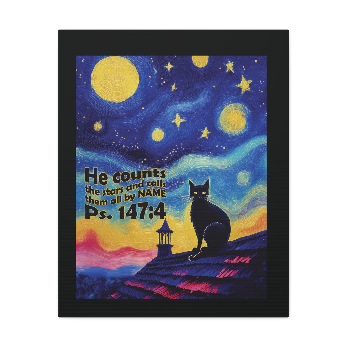 Starry Night Cat Canvas Print, Inspirational Wall Art, Cozy Home Decor, Cat Lover Gift, Psalms 147:4