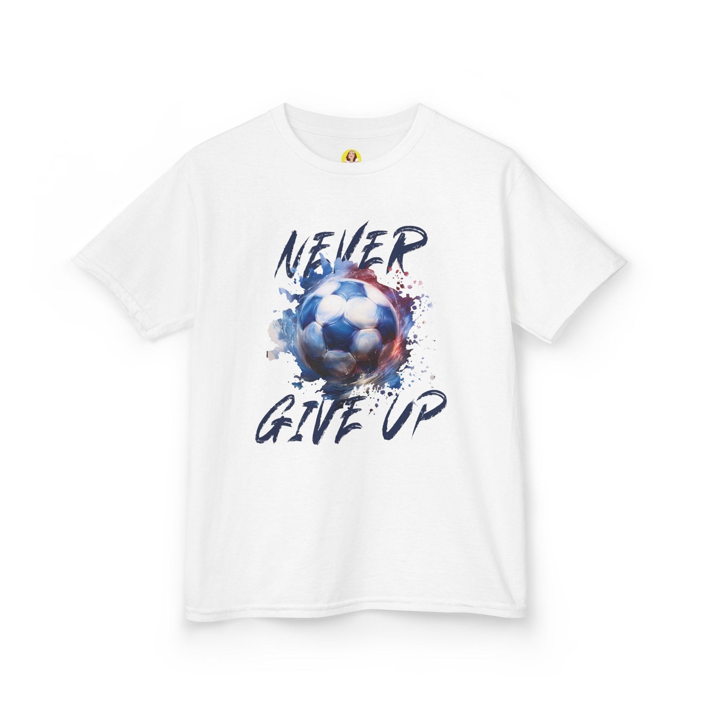 Soccer Motivation Tee - Never Give Up, Kids Heavy Cotton T-Shirt, Sports Shirt, Gift for Young Athletes, Birthday Present, Team Apparel