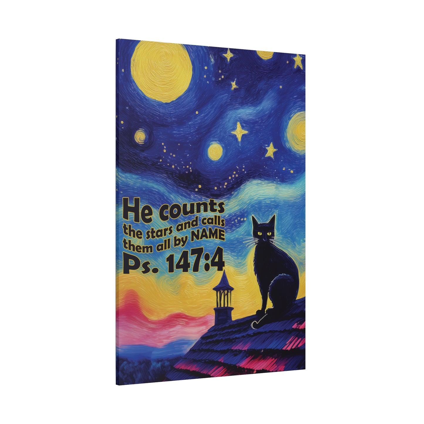 Starry Night Cat Canvas Print, Inspirational Wall Art, Cozy Home Decor, Cat Lover Gift, Psalms 147:4