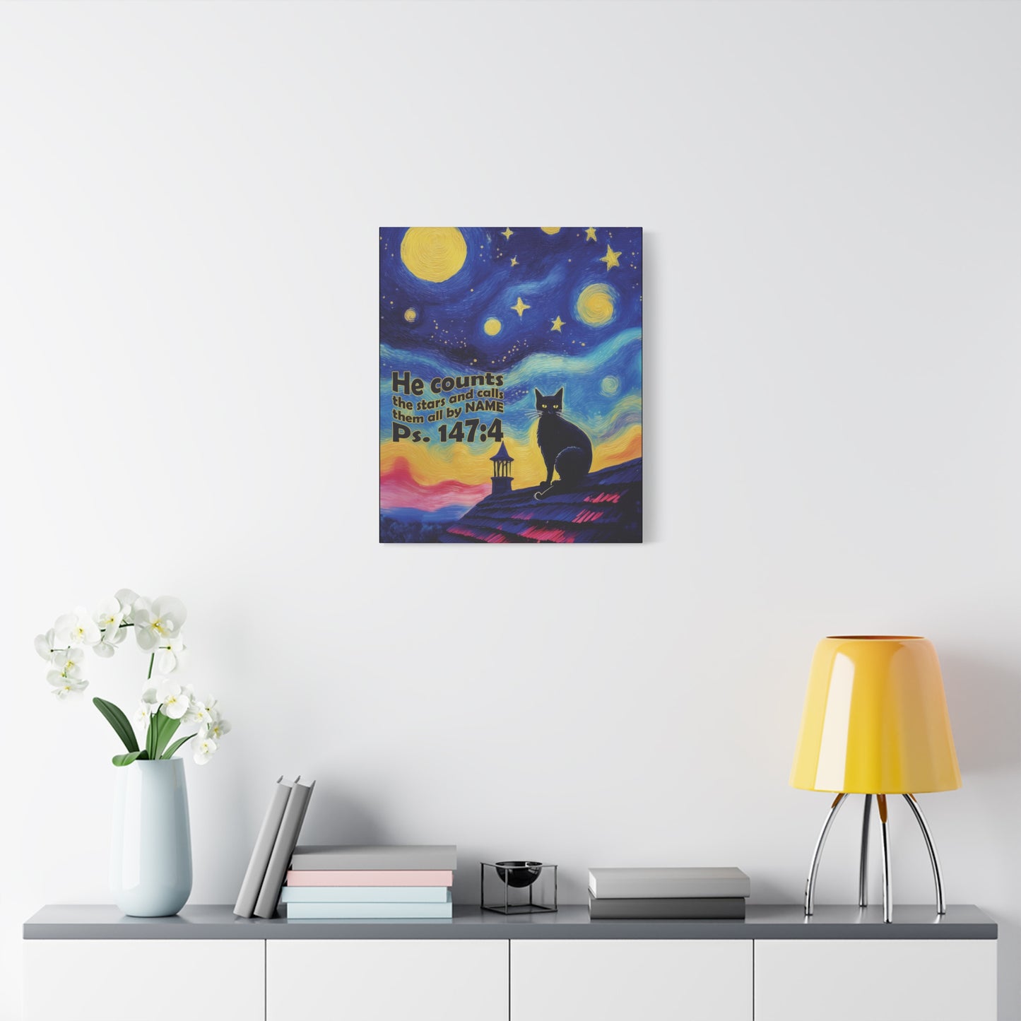 Starry Night Cat Canvas Print, Inspirational Wall Art, Cozy Home Decor, Cat Lover Gift, Psalms 147:4