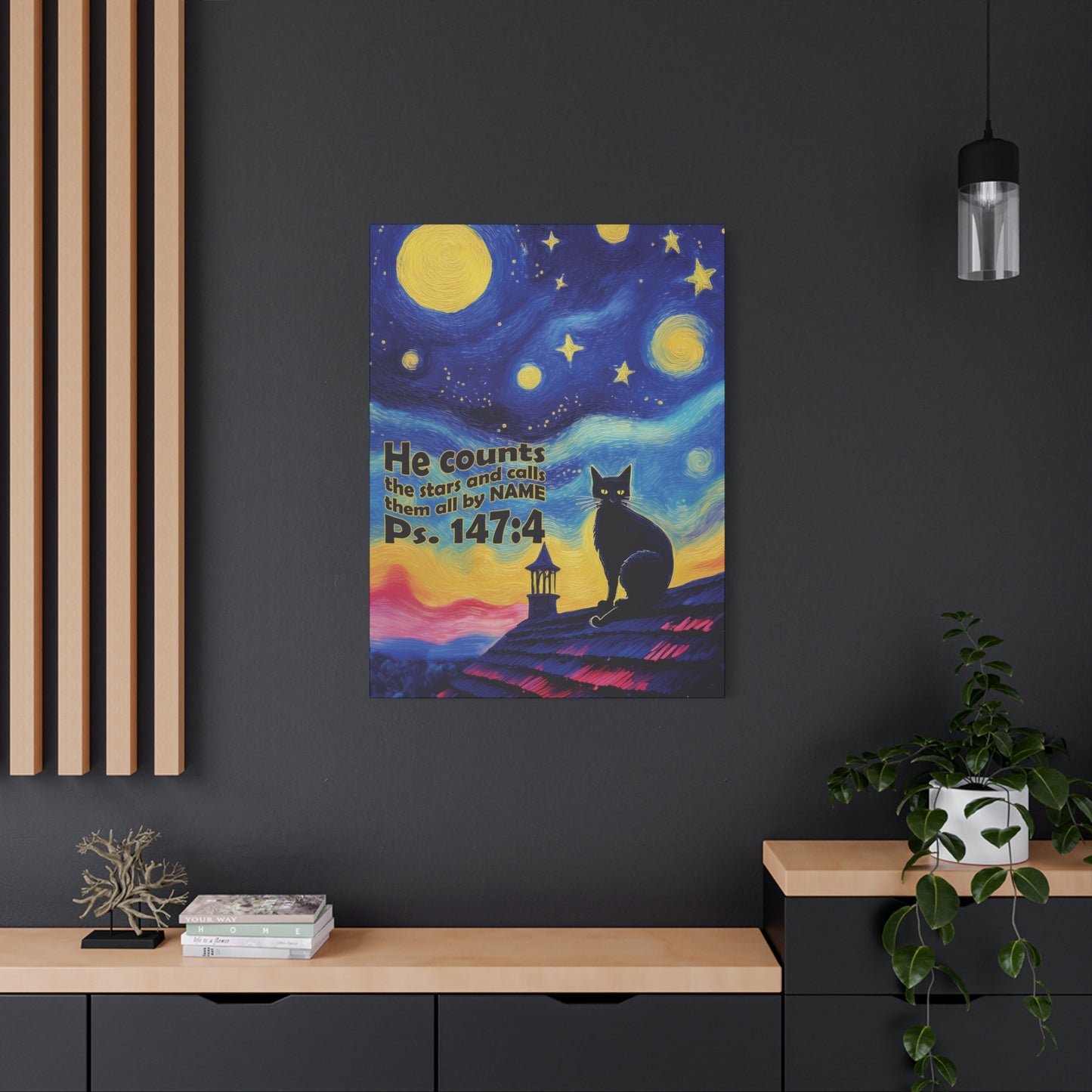 Starry Night Cat Canvas Print, Inspirational Wall Art, Cozy Home Decor, Cat Lover Gift, Psalms 147:4