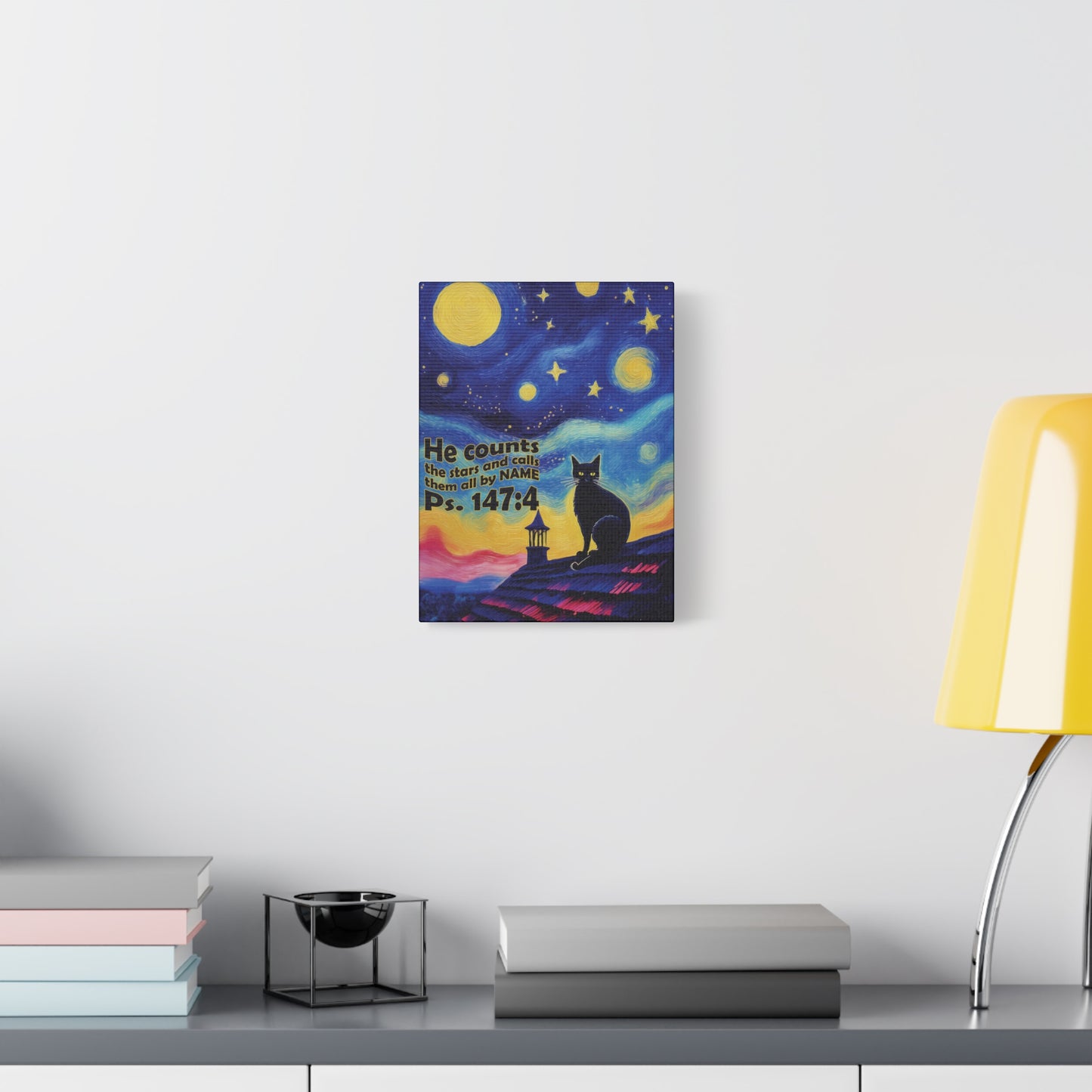 Starry Night Cat Canvas Print, Inspirational Wall Art, Cozy Home Decor, Cat Lover Gift, Psalms 147:4