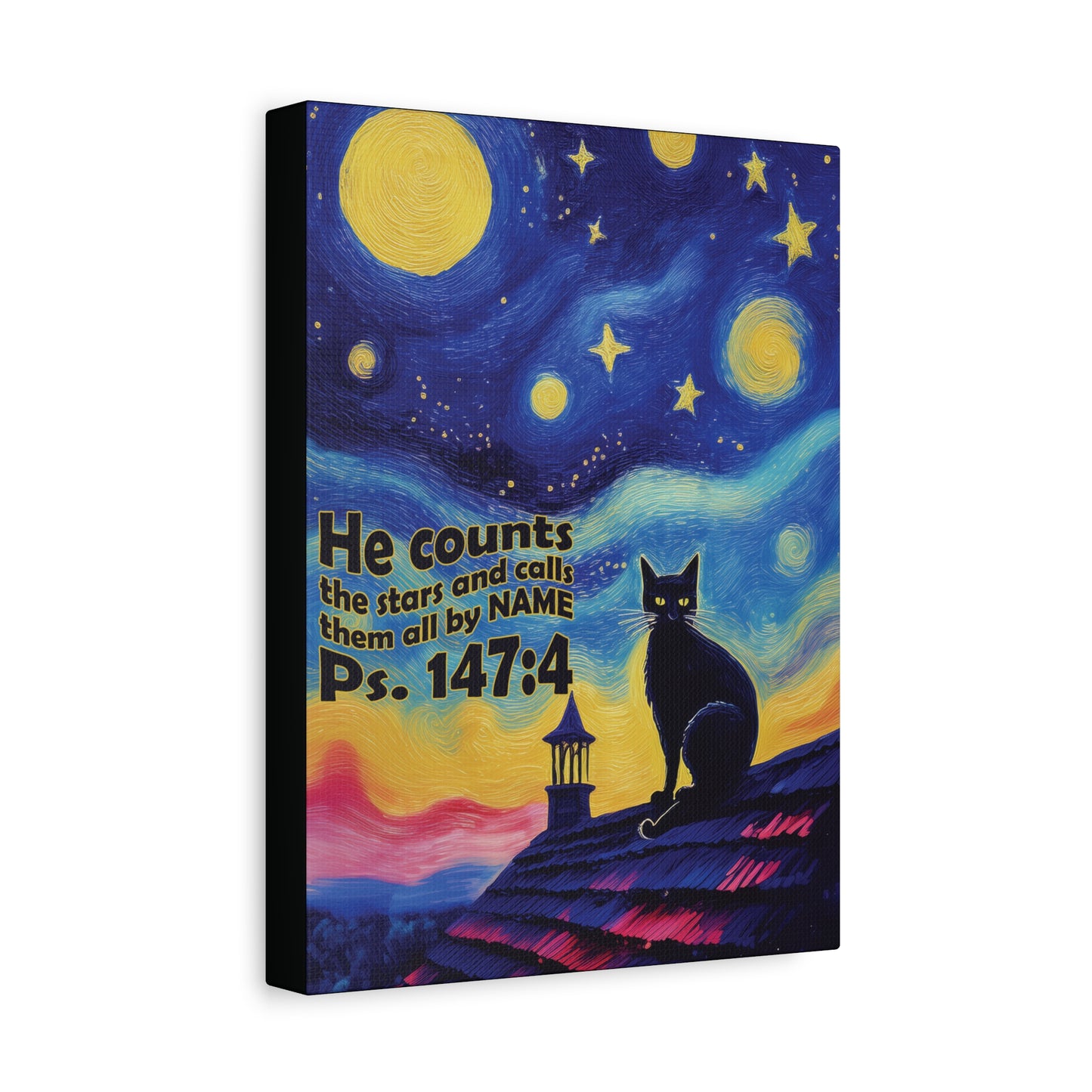 Starry Night Cat Canvas Print, Inspirational Wall Art, Cozy Home Decor, Cat Lover Gift, Psalms 147:4