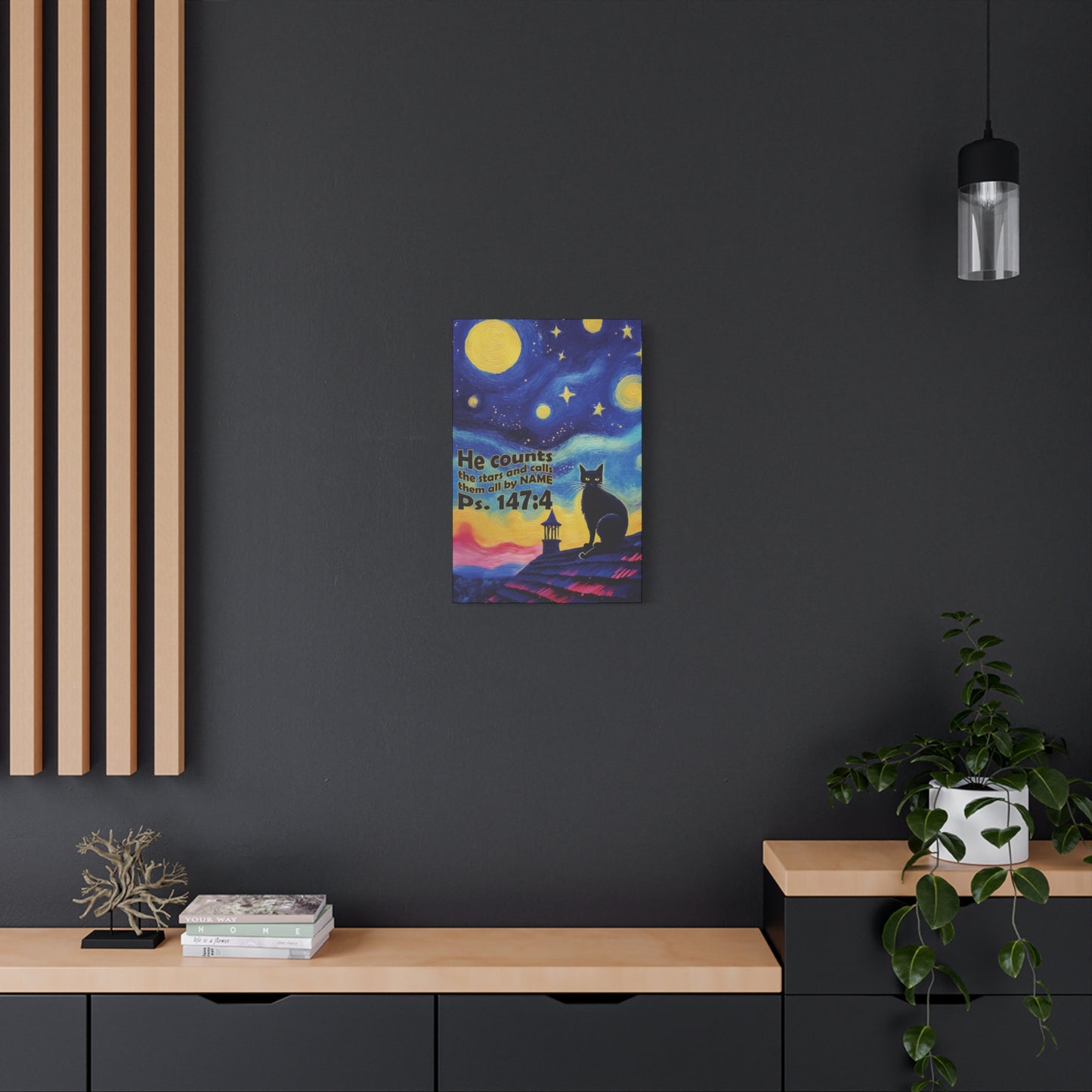 Starry Night Cat Canvas Print, Inspirational Wall Art, Cozy Home Decor, Cat Lover Gift, Psalms 147:4