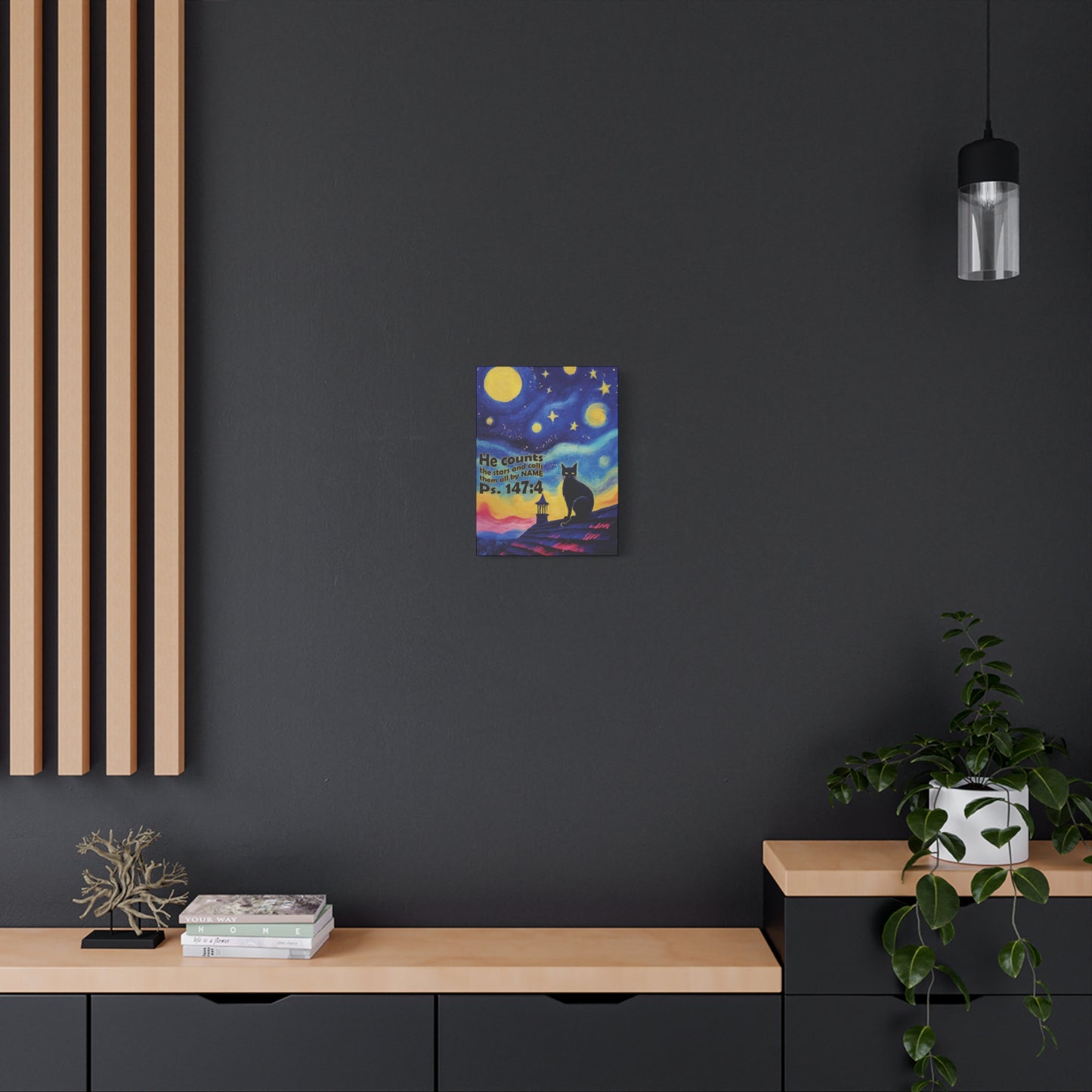Starry Night Cat Canvas Print, Inspirational Wall Art, Cozy Home Decor, Cat Lover Gift, Psalms 147:4