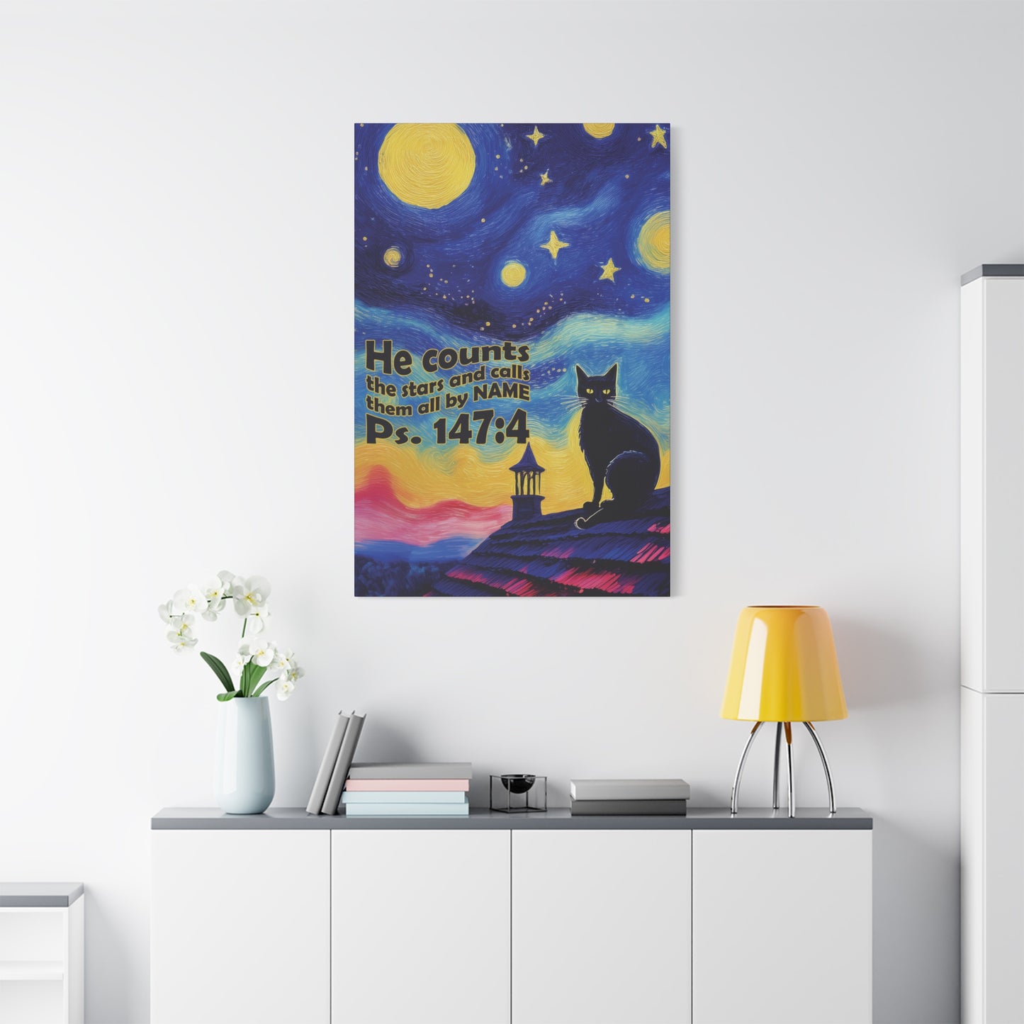 Starry Night Cat Canvas Print, Inspirational Wall Art, Cozy Home Decor, Cat Lover Gift, Psalms 147:4