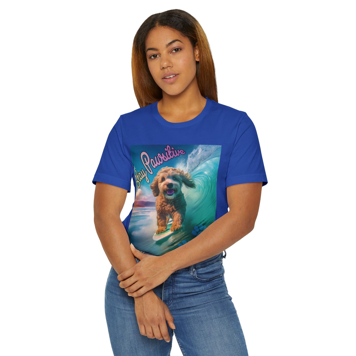 Surfing Dog Unisex Jersey T-Shirt | Stay Pawsitive Tee, Pet Lover Gift, Beach Outfit, Fun Summer Shirt, Dog Mom Apparel