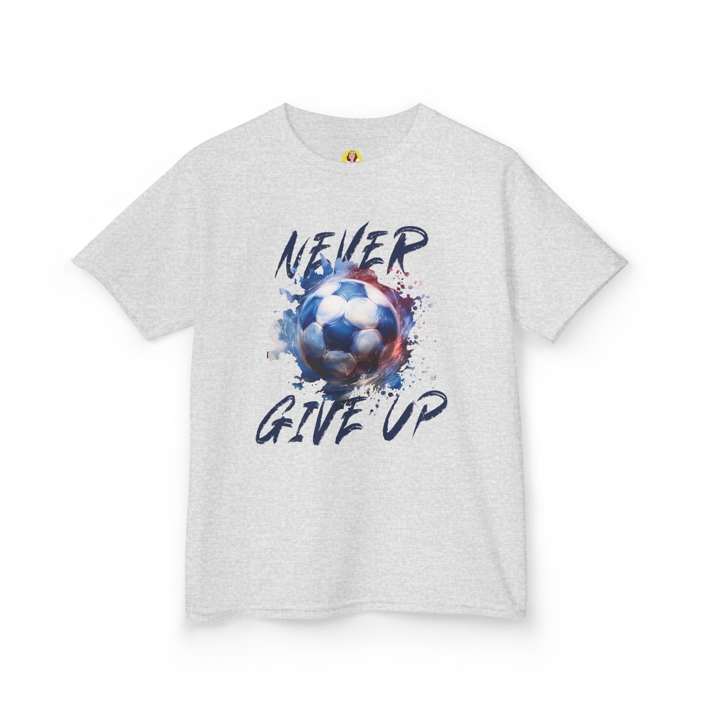Soccer Motivation Tee - Never Give Up, Kids Heavy Cotton T-Shirt, Sports Shirt, Gift for Young Athletes, Birthday Present, Team Apparel