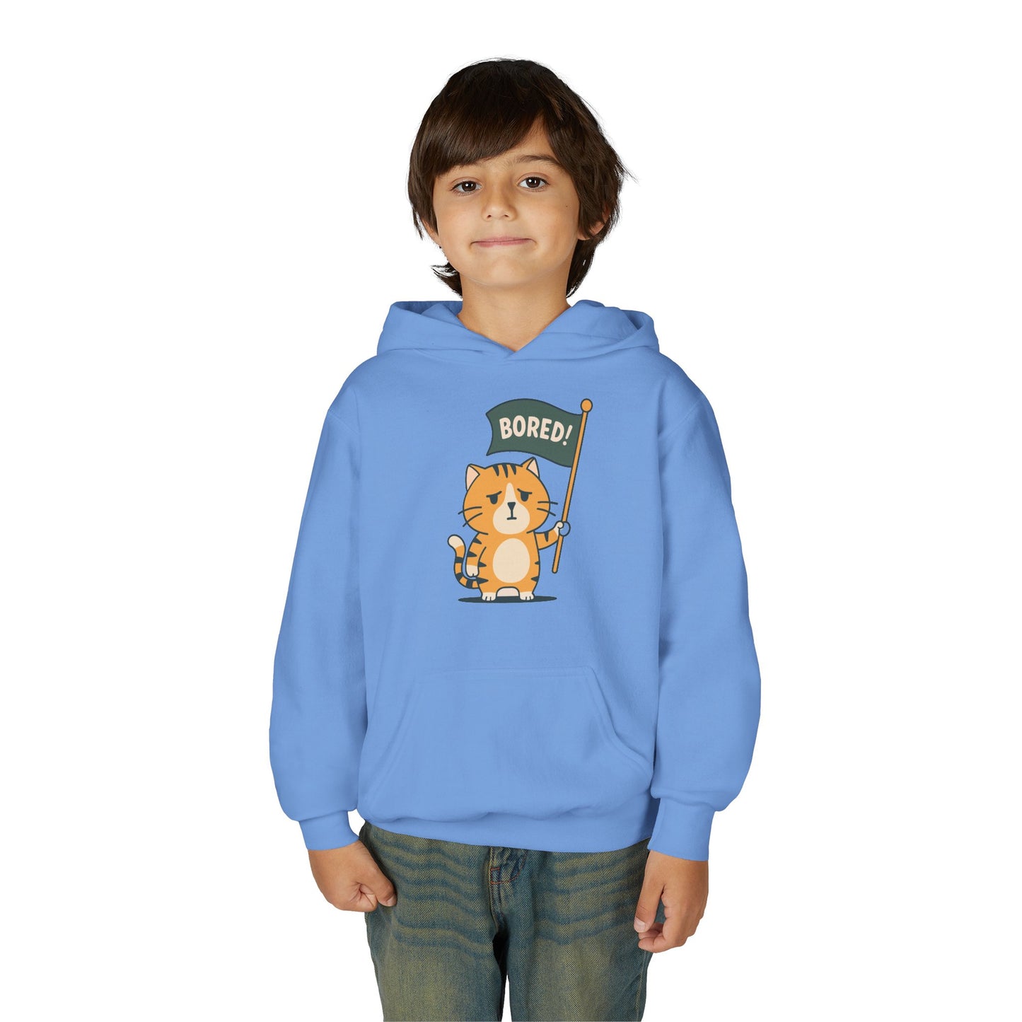 Funny Cat Bored Youth Hoodie, Cute Cat Sweatshirt, Kids Gift, Animal Lover Apparel, Fun Hoodie for Children, Everyday Wear