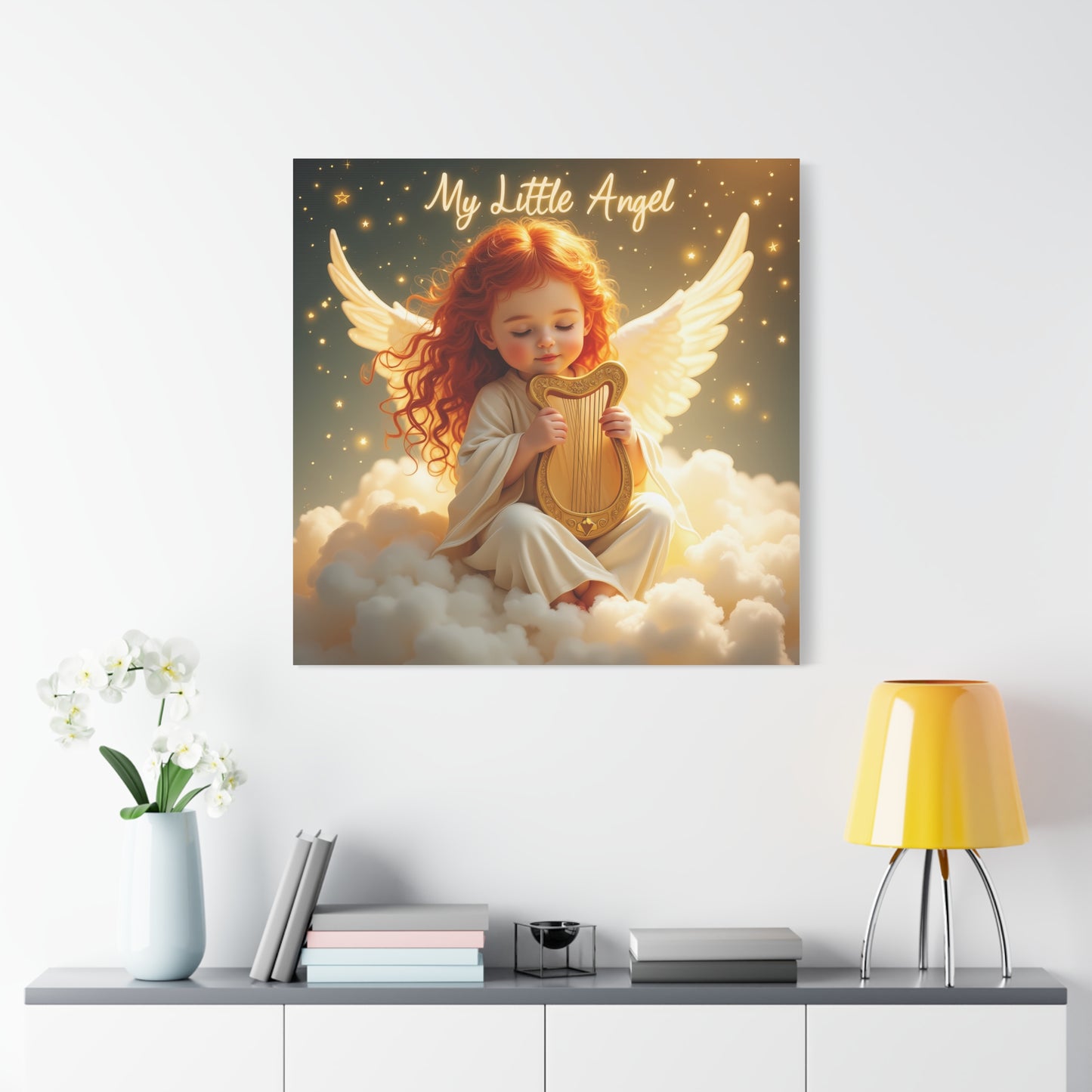 Angel Harp Canvas Art Print, Nursery Decor, Whimsical Home Accent, Gift for Baby Shower, Kids Room Wall Art, Ethereal Artwork