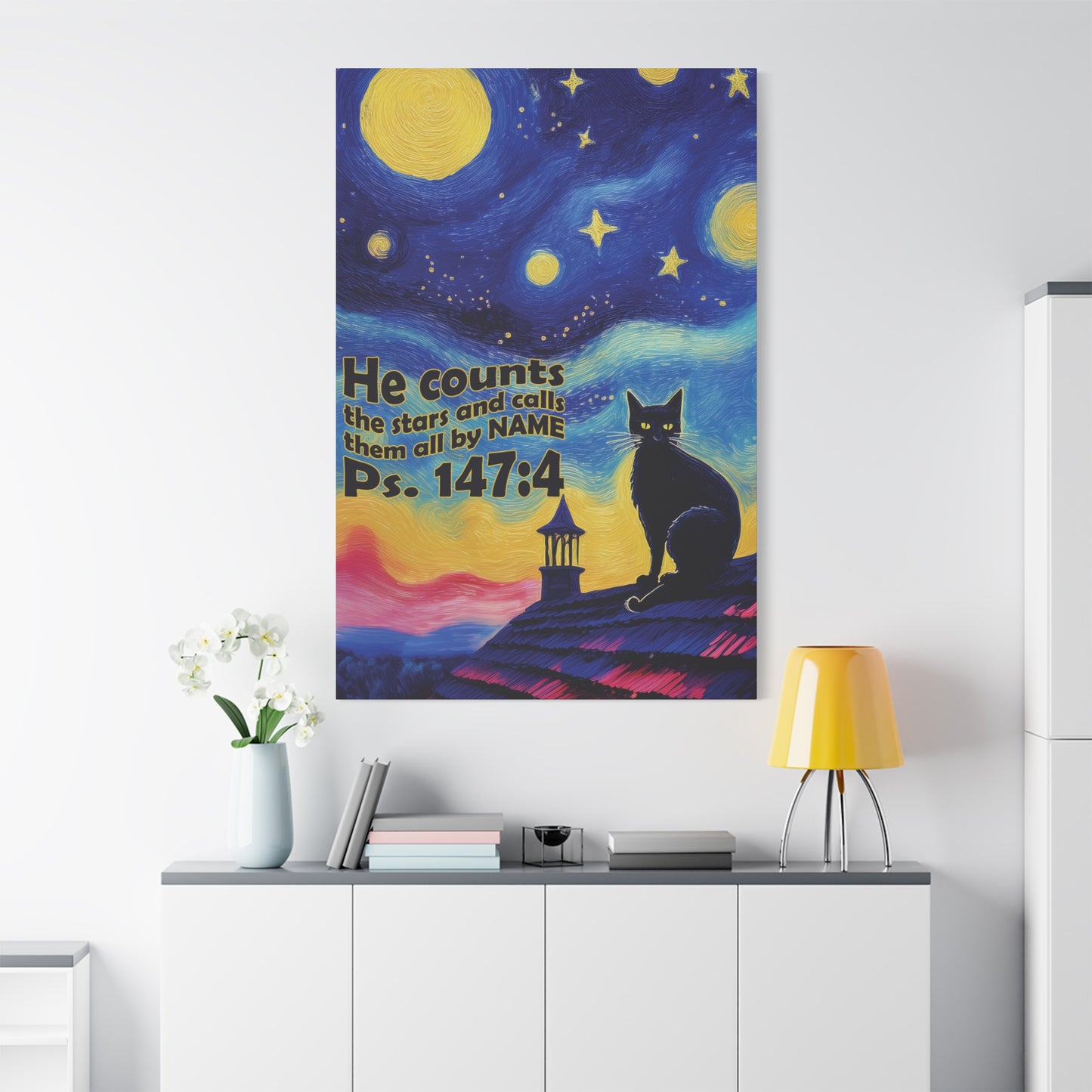 Starry Night Cat Canvas Print, Inspirational Wall Art, Cozy Home Decor, Cat Lover Gift, Psalms 147:4
