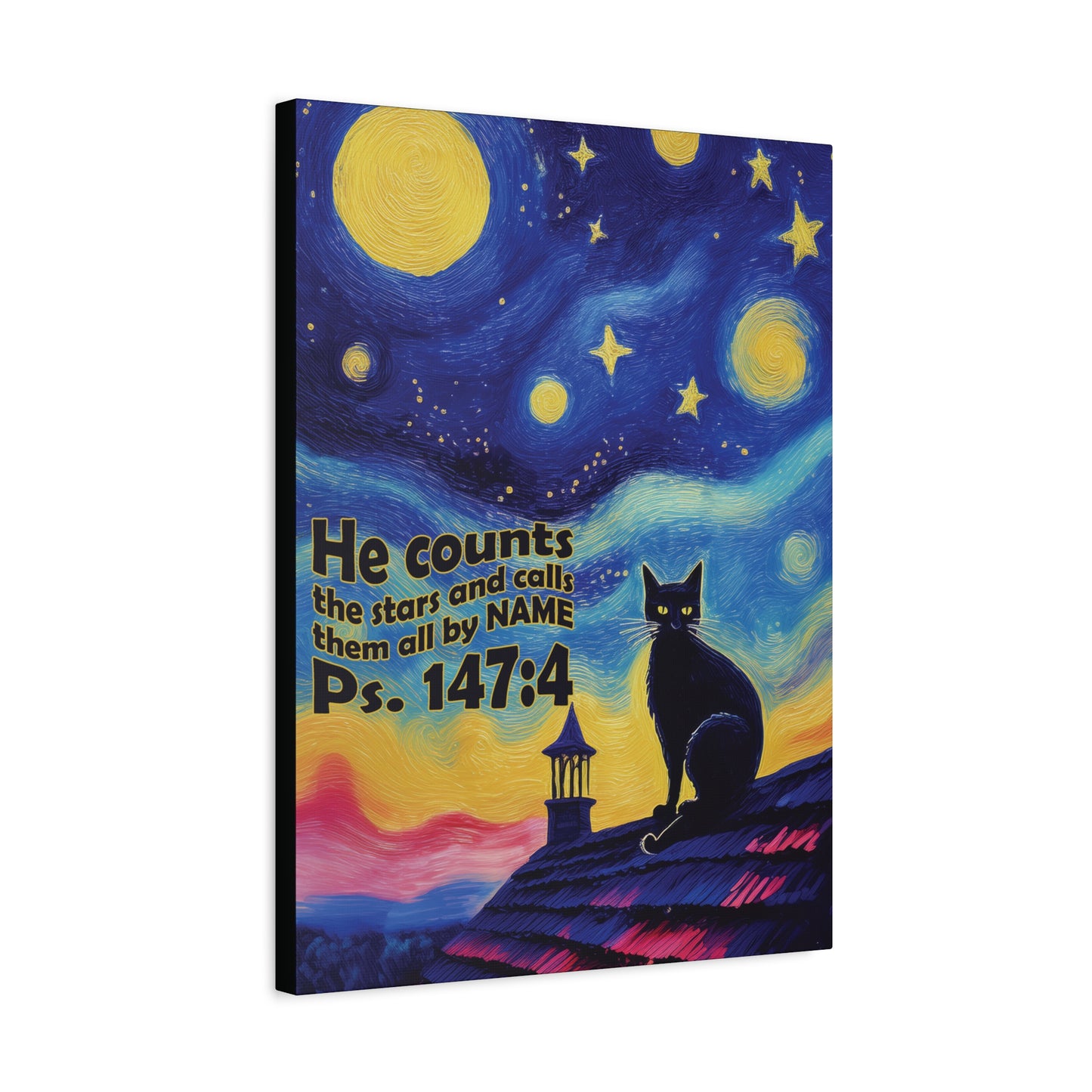 Starry Night Cat Canvas Print, Inspirational Wall Art, Cozy Home Decor, Cat Lover Gift, Psalms 147:4