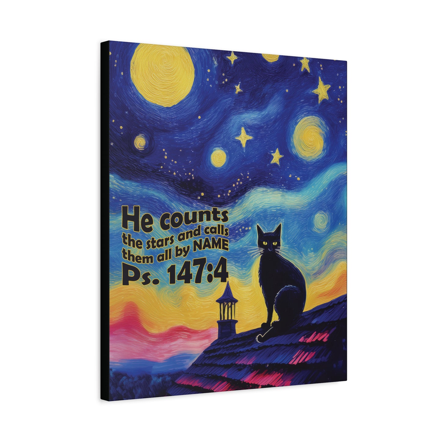 Starry Night Cat Canvas Print, Inspirational Wall Art, Cozy Home Decor, Cat Lover Gift, Psalms 147:4