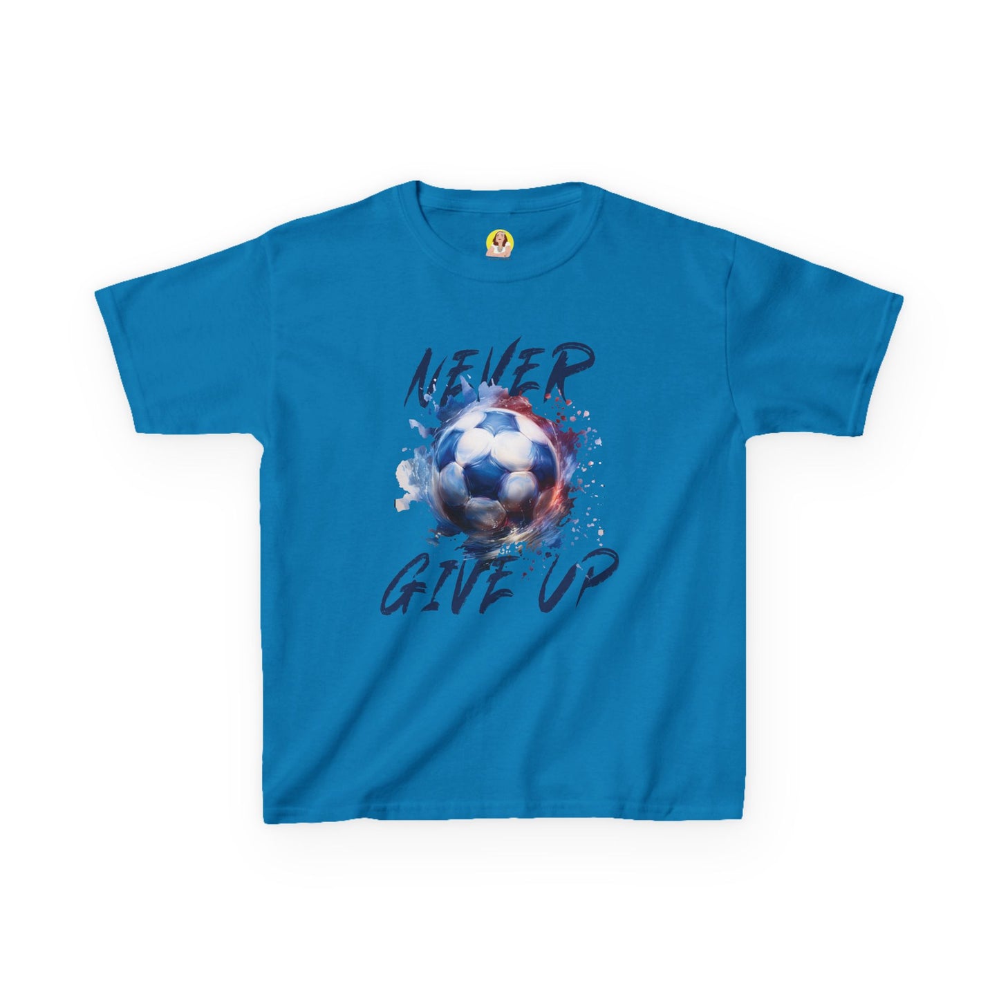 Soccer Motivation Tee - Never Give Up, Kids Heavy Cotton T-Shirt, Sports Shirt, Gift for Young Athletes, Birthday Present, Team Apparel