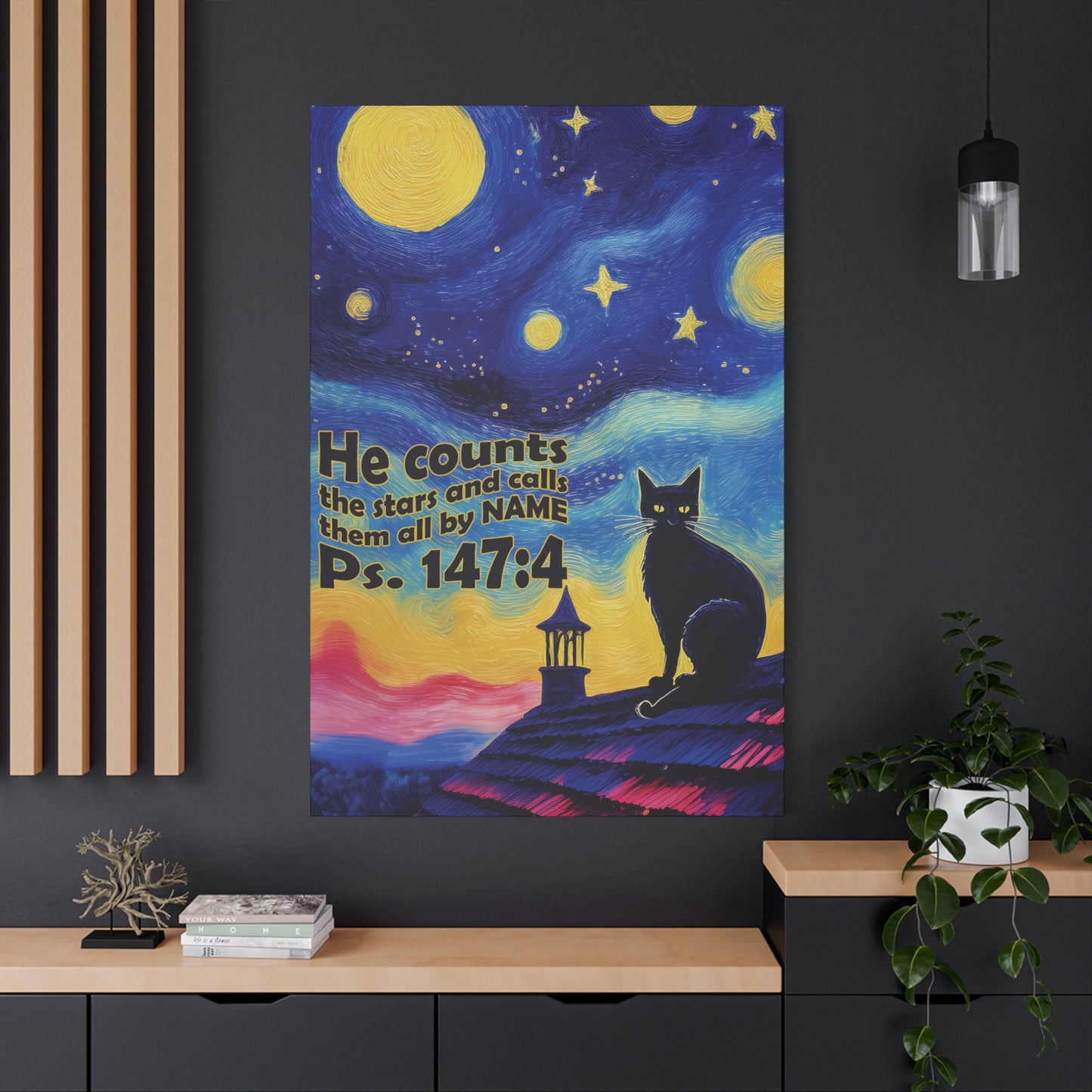 Starry Night Cat Canvas Print, Inspirational Wall Art, Cozy Home Decor, Cat Lover Gift, Psalms 147:4