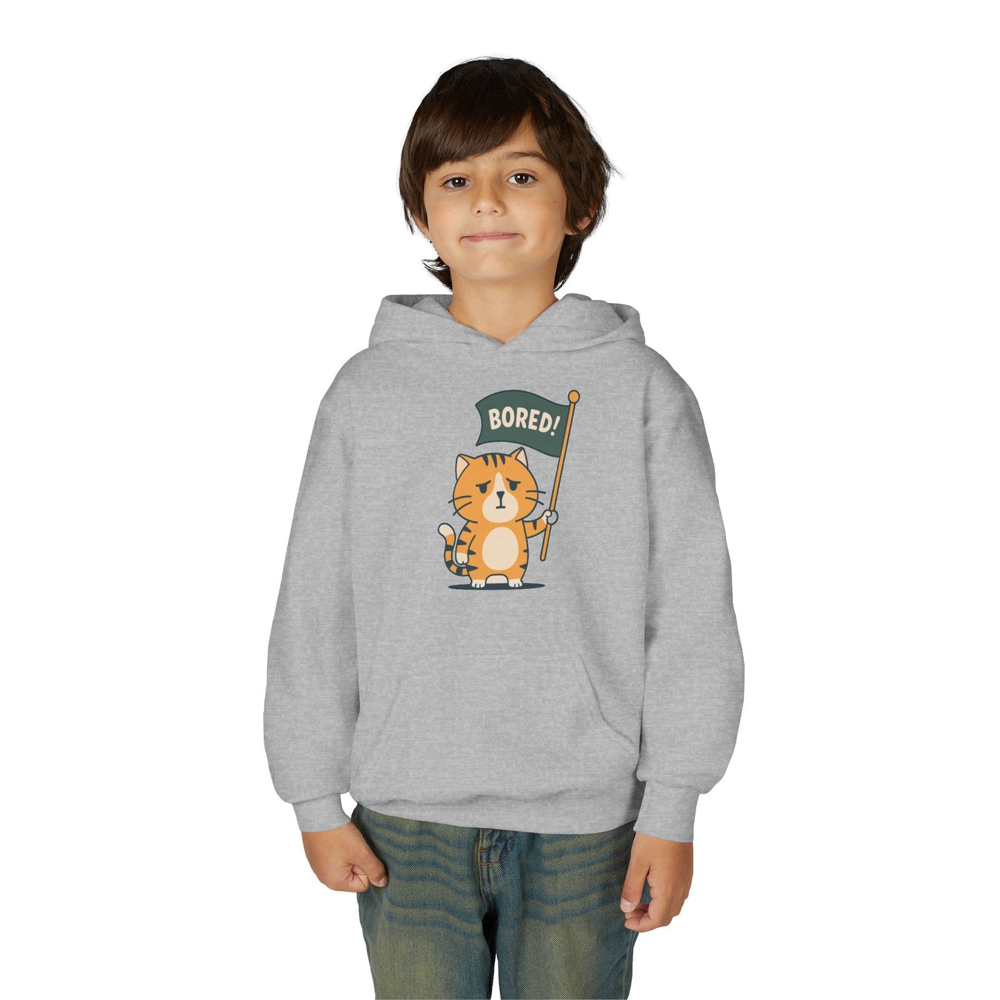 Funny Cat Bored Youth Hoodie, Cute Cat Sweatshirt, Kids Gift, Animal Lover Apparel, Fun Hoodie for Children, Everyday Wear
