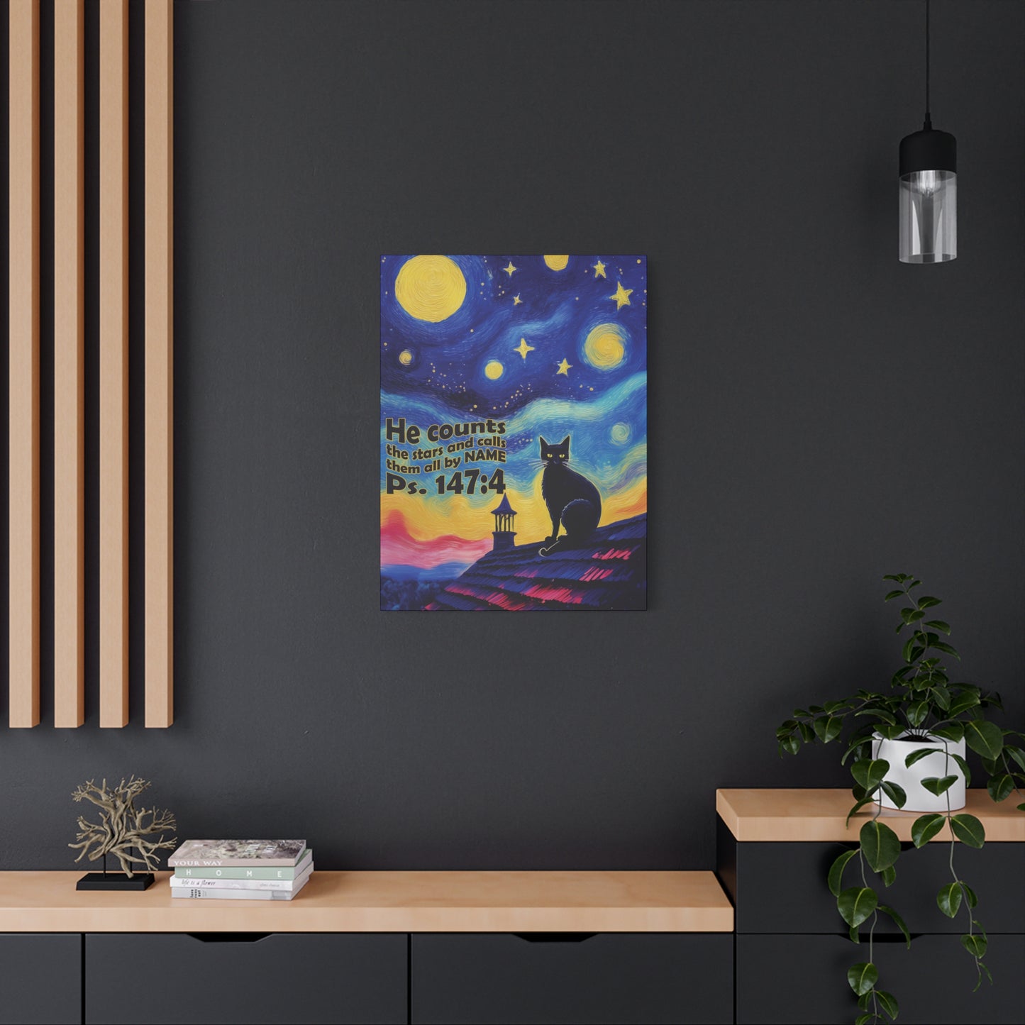 Starry Night Cat Canvas Print, Inspirational Wall Art, Cozy Home Decor, Cat Lover Gift, Psalms 147:4