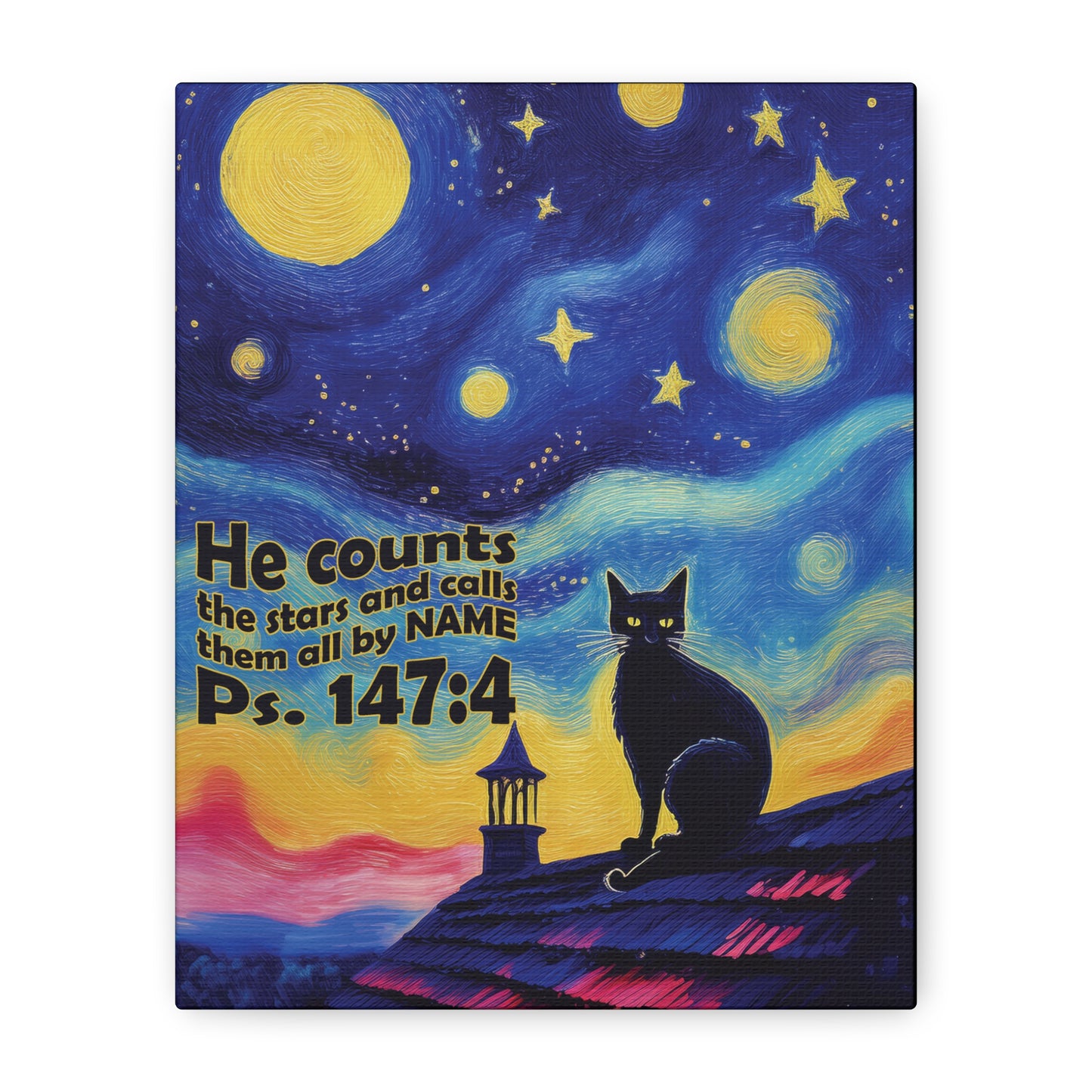 Starry Night Cat Canvas Print, Inspirational Wall Art, Cozy Home Decor, Cat Lover Gift, Psalms 147:4