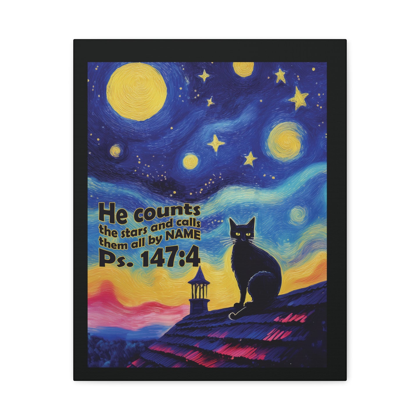Starry Night Cat Canvas Print, Inspirational Wall Art, Cozy Home Decor, Cat Lover Gift, Psalms 147:4