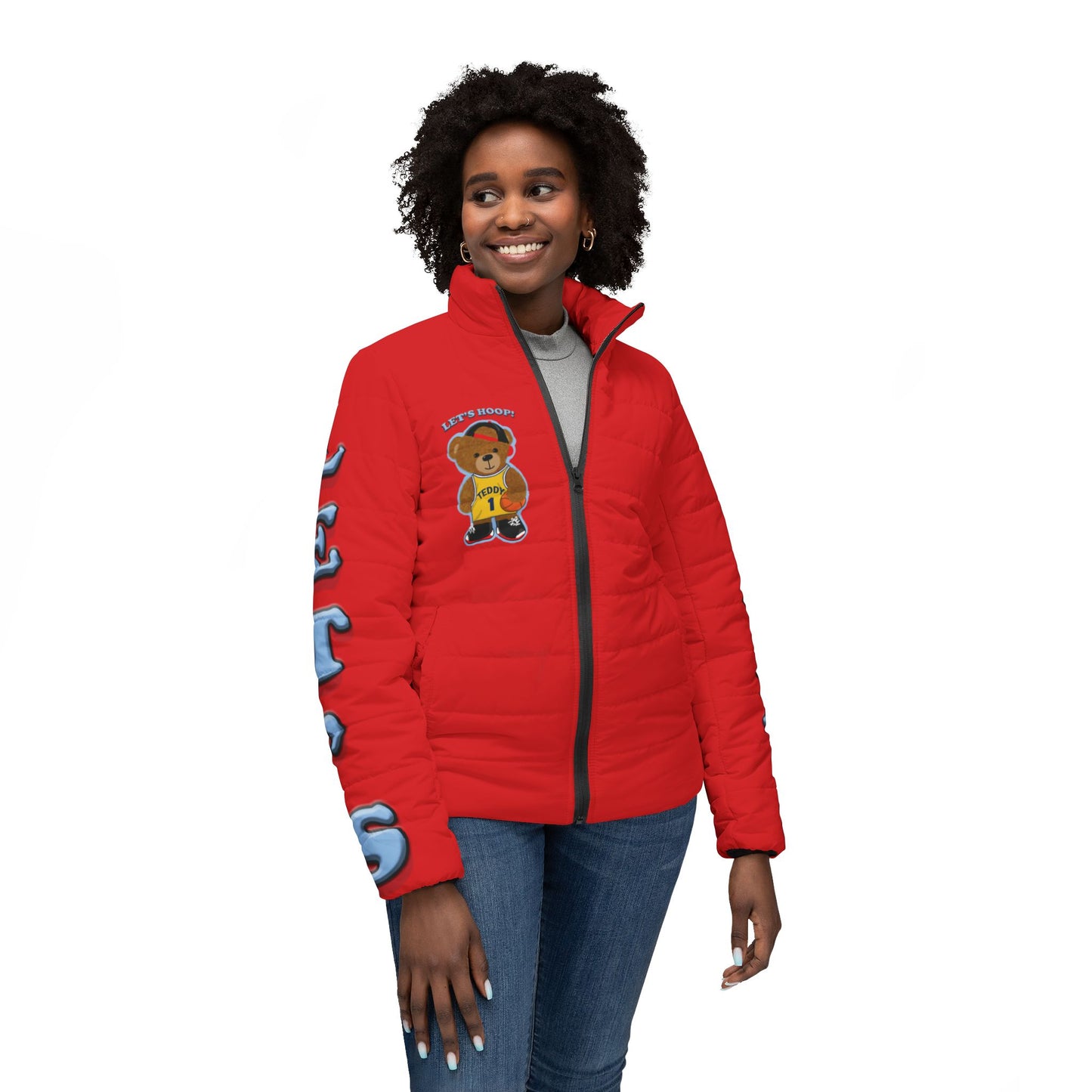 Cozy Bear Theme Women’s Puffer Jacket, Cute Winter Jacket, Fashion Outerwear, Sports Jacket, Gift for Her