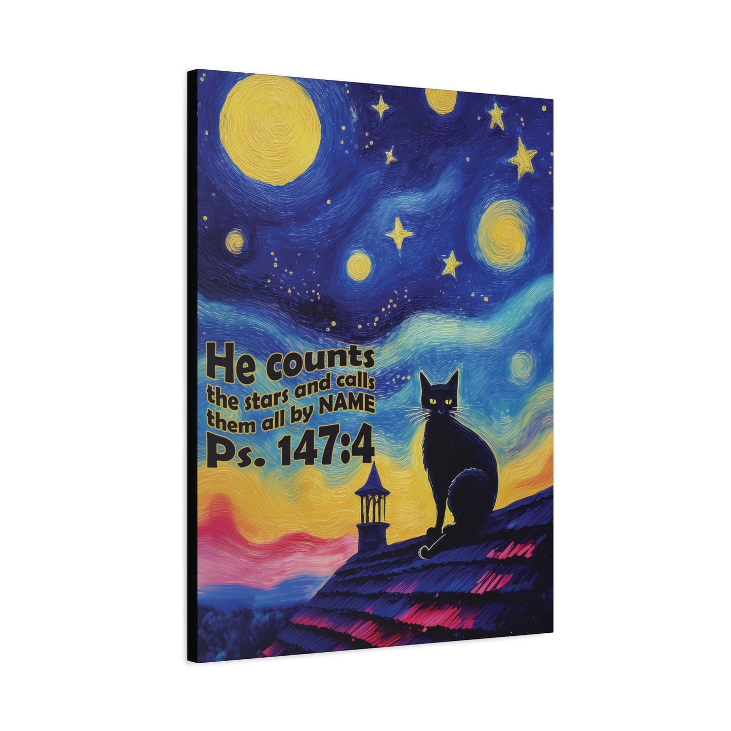 Starry Night Cat Canvas Print, Inspirational Wall Art, Cozy Home Decor, Cat Lover Gift, Psalms 147:4