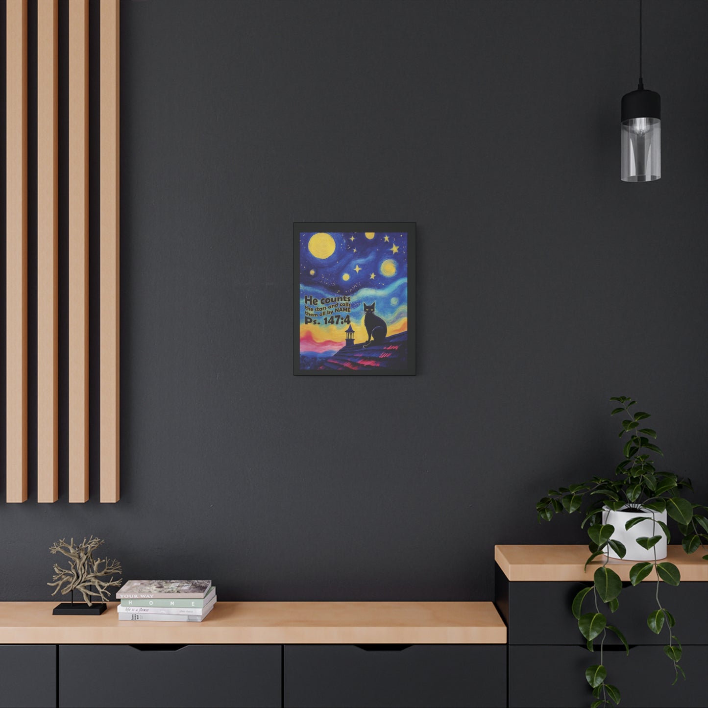 Starry Night Cat Canvas Print, Inspirational Wall Art, Cozy Home Decor, Cat Lover Gift, Psalms 147:4