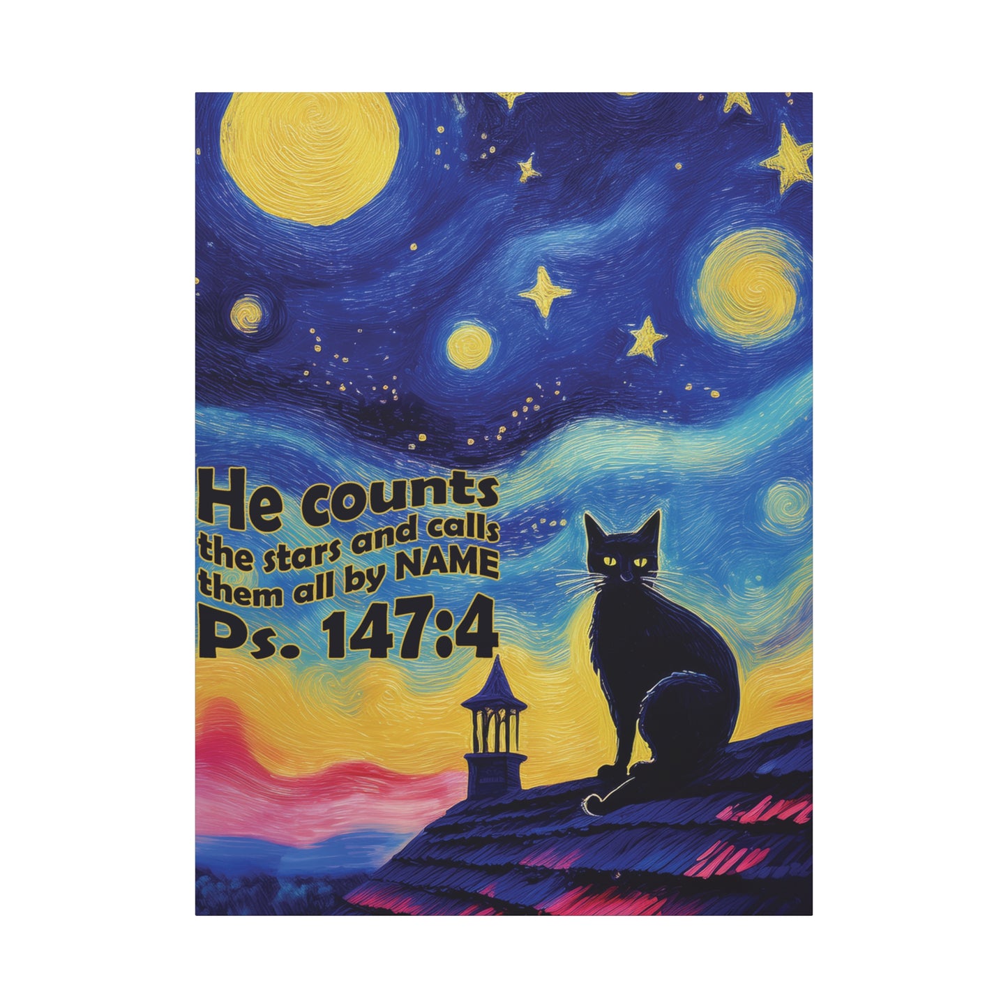 Starry Night Cat Canvas Print, Inspirational Wall Art, Cozy Home Decor, Cat Lover Gift, Psalms 147:4