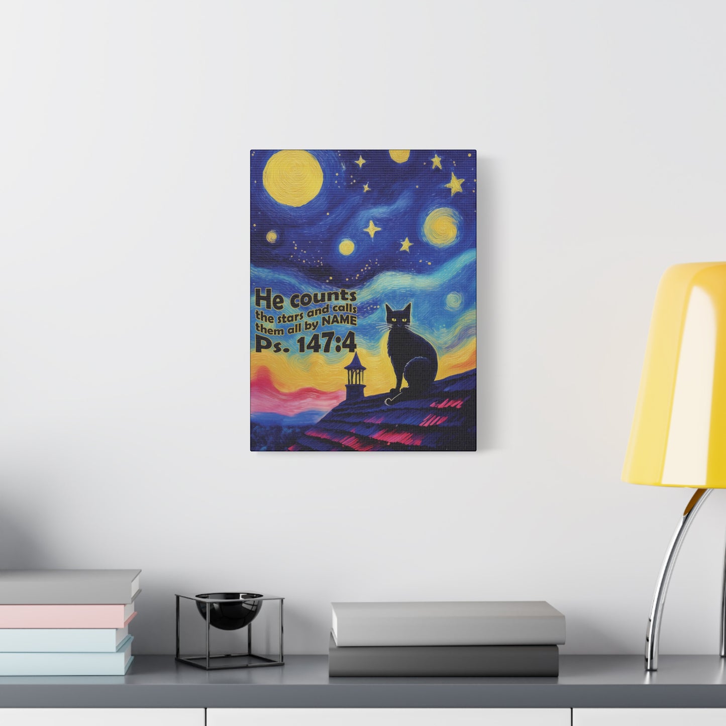 Starry Night Cat Canvas Print, Inspirational Wall Art, Cozy Home Decor, Cat Lover Gift, Psalms 147:4