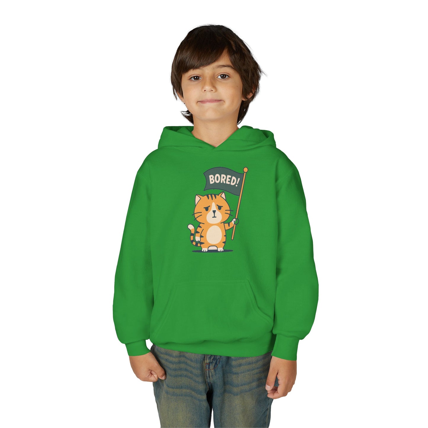 Funny Cat Bored Youth Hoodie, Cute Cat Sweatshirt, Kids Gift, Animal Lover Apparel, Fun Hoodie for Children, Everyday Wear