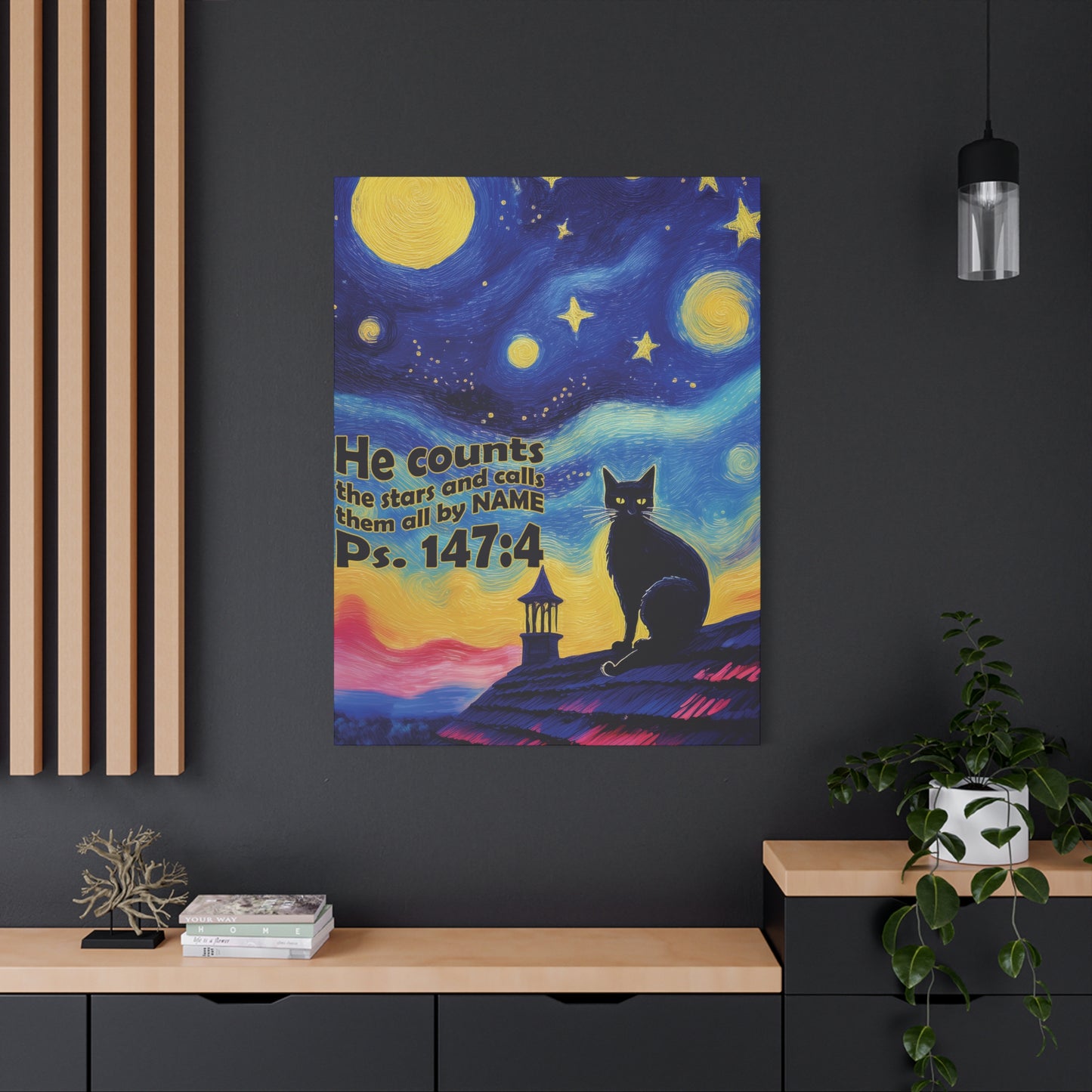 Starry Night Cat Canvas Print, Inspirational Wall Art, Cozy Home Decor, Cat Lover Gift, Psalms 147:4
