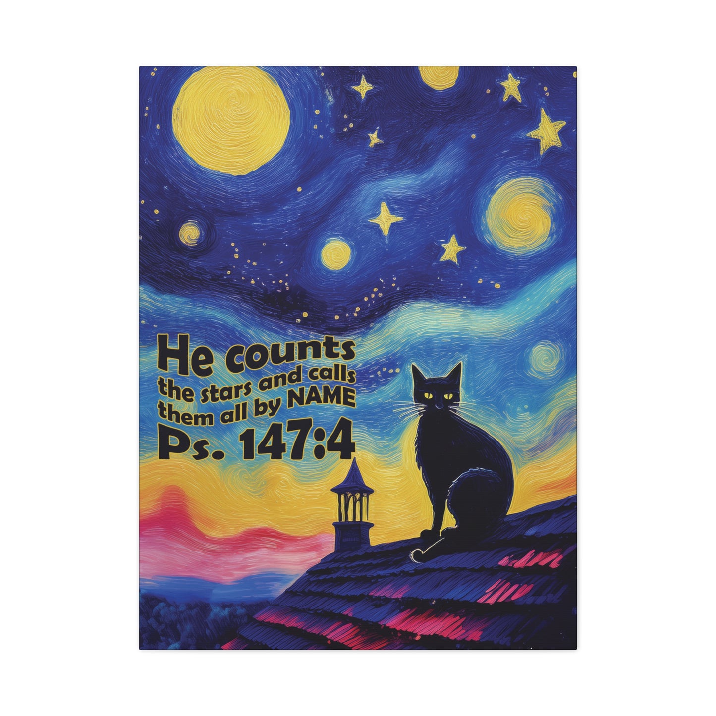 Starry Night Cat Canvas Print, Inspirational Wall Art, Cozy Home Decor, Cat Lover Gift, Psalms 147:4