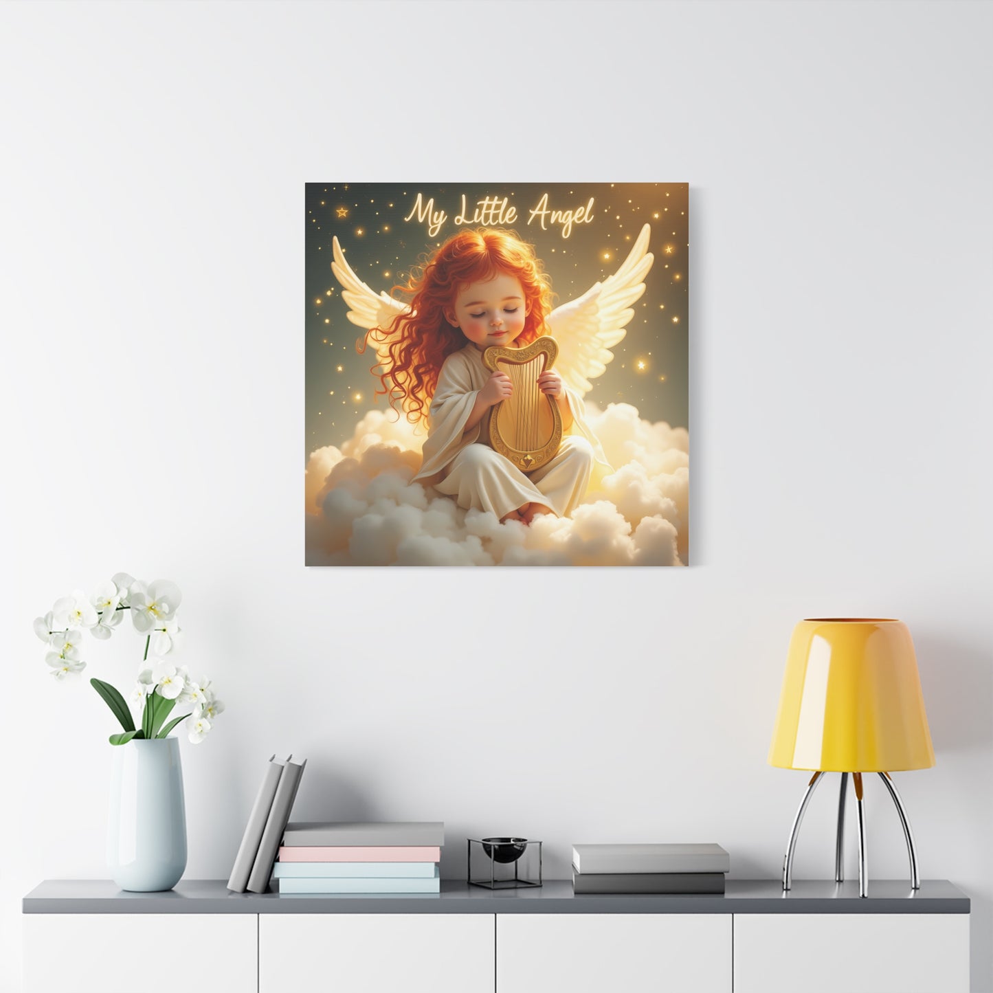 Angel Harp Canvas Art Print, Nursery Decor, Whimsical Home Accent, Gift for Baby Shower, Kids Room Wall Art, Ethereal Artwork