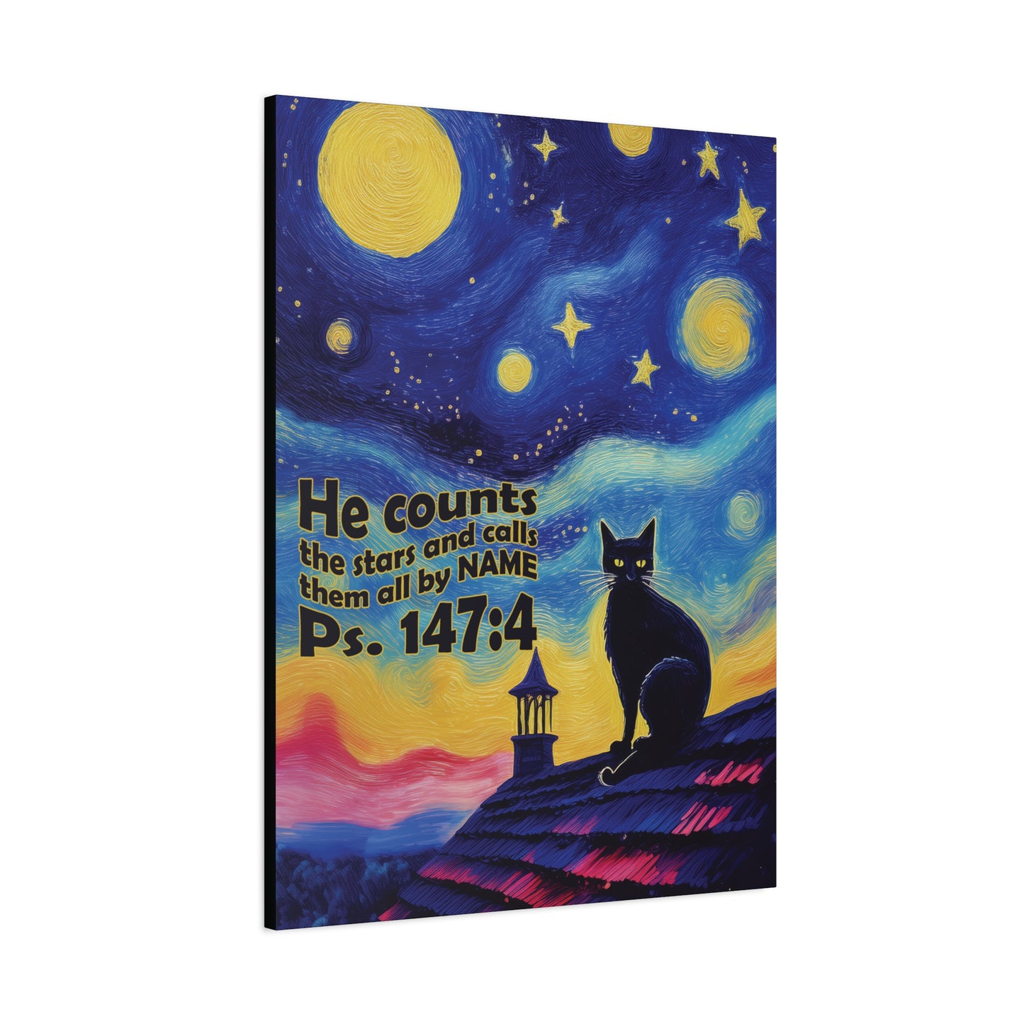Starry Night Cat Canvas Print, Inspirational Wall Art, Cozy Home Decor, Cat Lover Gift, Psalms 147:4