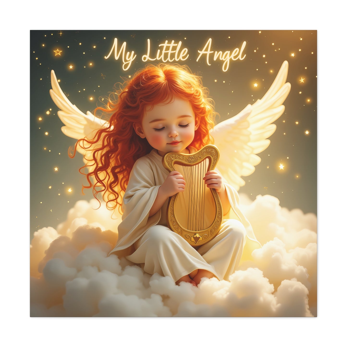 Angel Harp Canvas Art Print, Nursery Decor, Whimsical Home Accent, Gift for Baby Shower, Kids Room Wall Art, Ethereal Artwork