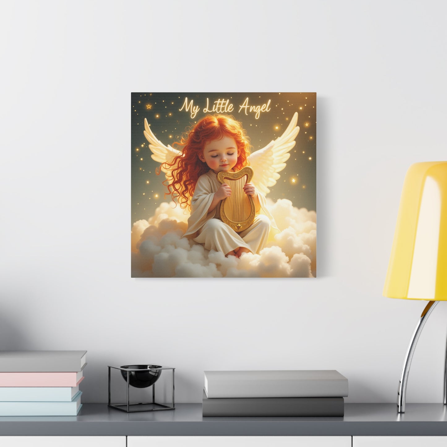 Angel Harp Canvas Art Print, Nursery Decor, Whimsical Home Accent, Gift for Baby Shower, Kids Room Wall Art, Ethereal Artwork