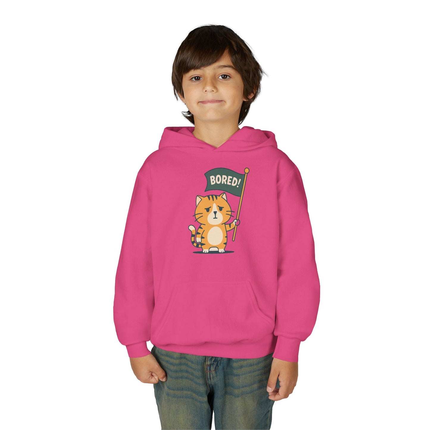 Funny Cat Bored Youth Hoodie, Cute Cat Sweatshirt, Kids Gift, Animal Lover Apparel, Fun Hoodie for Children, Everyday Wear