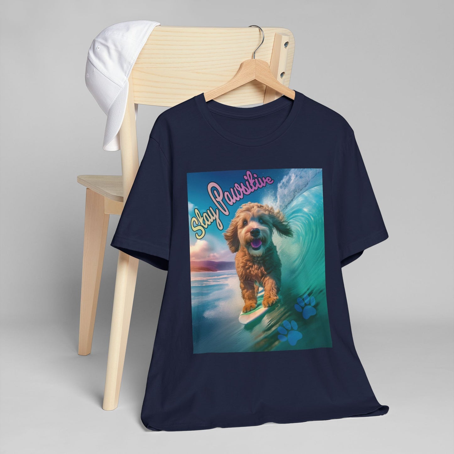 Surfing Dog Unisex Jersey T-Shirt | Stay Pawsitive Tee, Pet Lover Gift, Beach Outfit, Fun Summer Shirt, Dog Mom Apparel