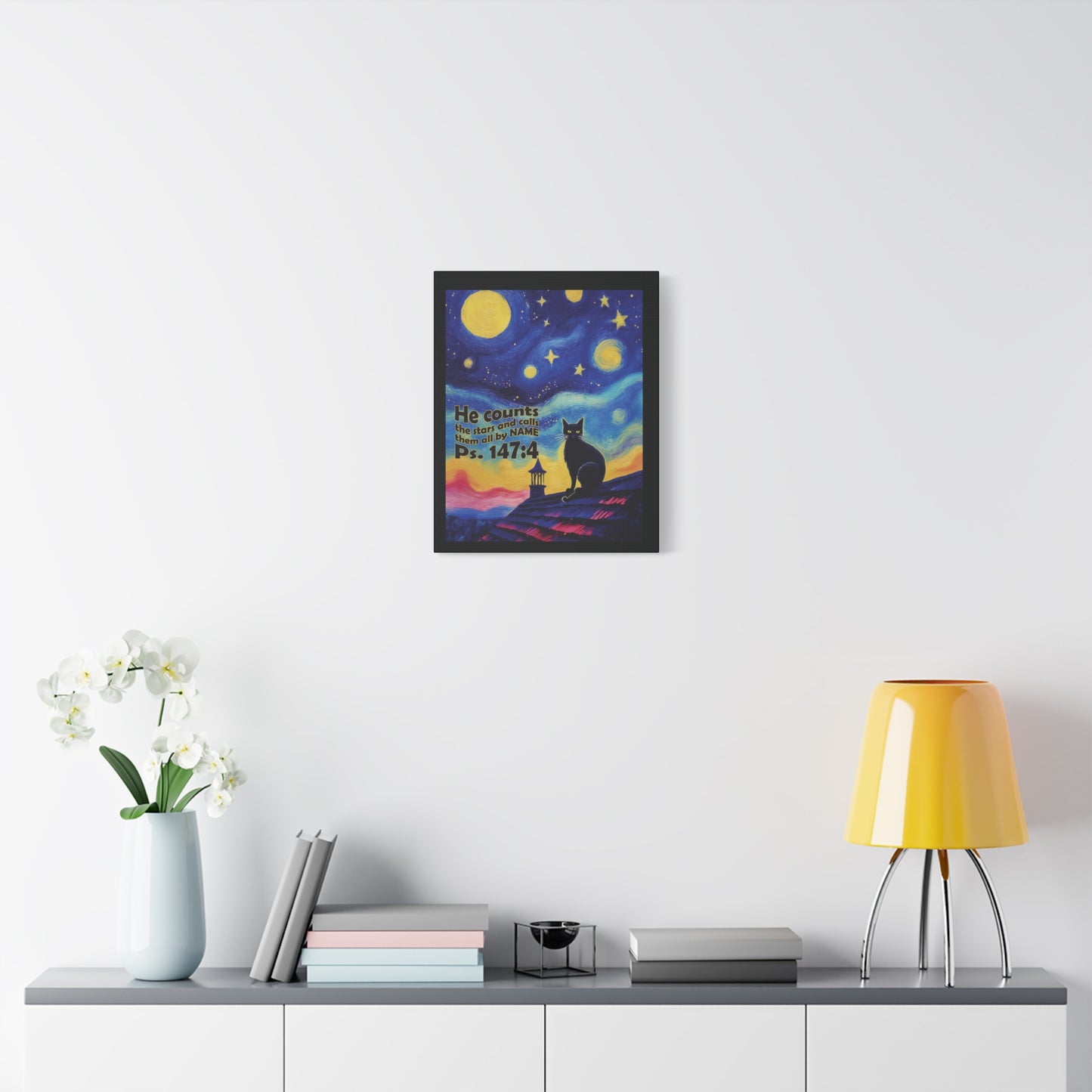 Starry Night Cat Canvas Print, Inspirational Wall Art, Cozy Home Decor, Cat Lover Gift, Psalms 147:4