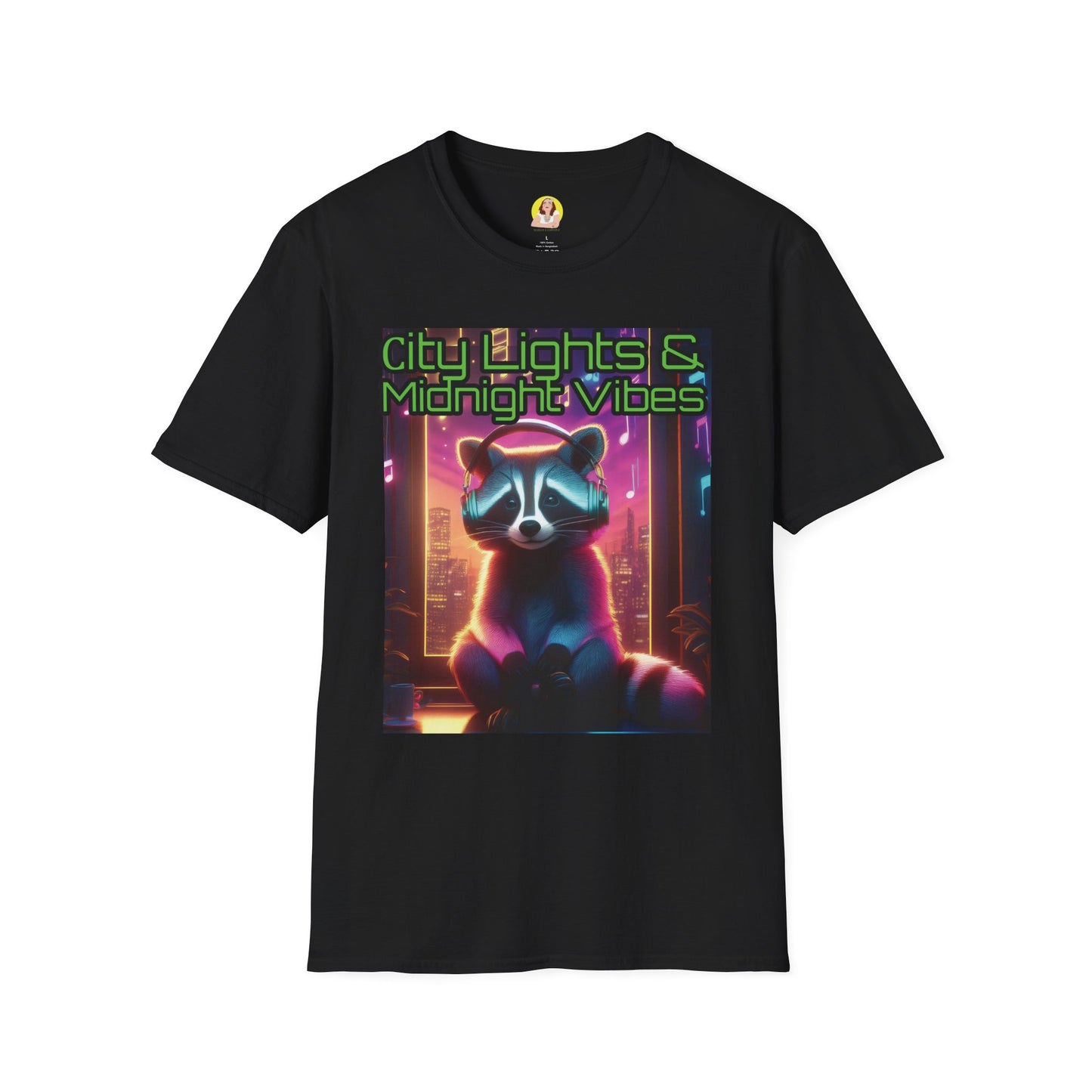 Nighttime Vibes Tee - Raccoon Design, Unisex Softstyle T-Shirt, Graphic Tee, City Lights Apparel, Urban Wear, Gift for Nature Lovers