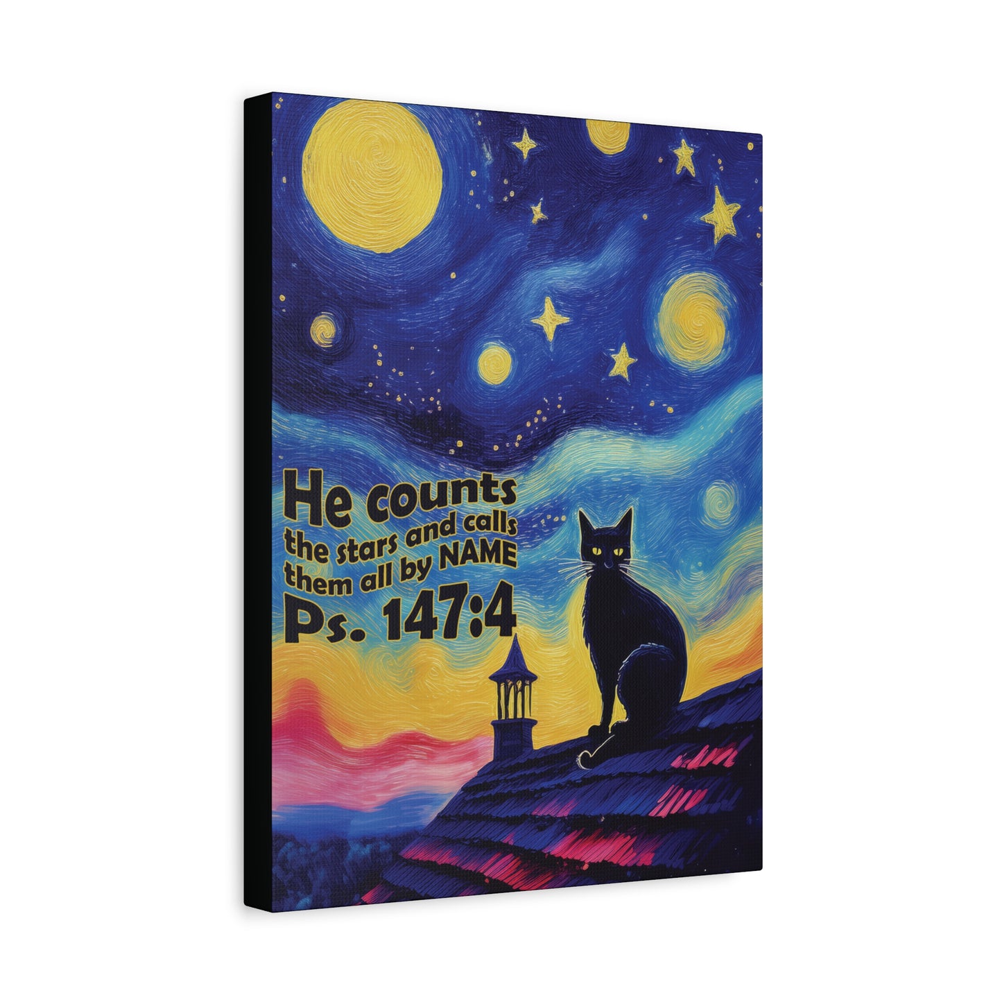 Starry Night Cat Canvas Print, Inspirational Wall Art, Cozy Home Decor, Cat Lover Gift, Psalms 147:4