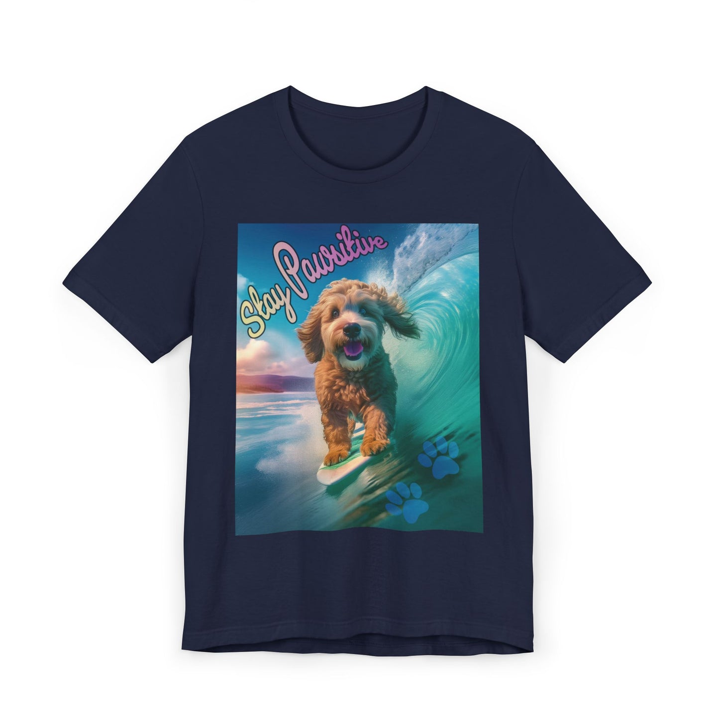 Surfing Dog Unisex Jersey T-Shirt | Stay Pawsitive Tee, Pet Lover Gift, Beach Outfit, Fun Summer Shirt, Dog Mom Apparel