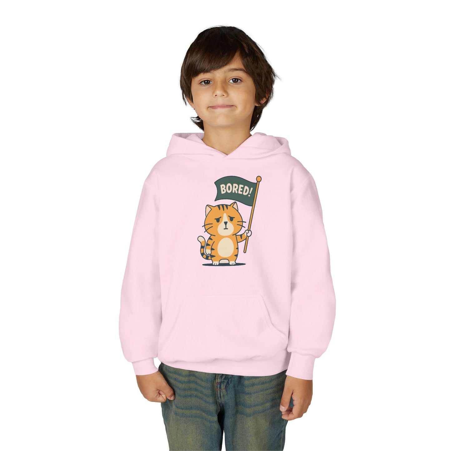 Funny Cat Bored Youth Hoodie, Cute Cat Sweatshirt, Kids Gift, Animal Lover Apparel, Fun Hoodie for Children, Everyday Wear
