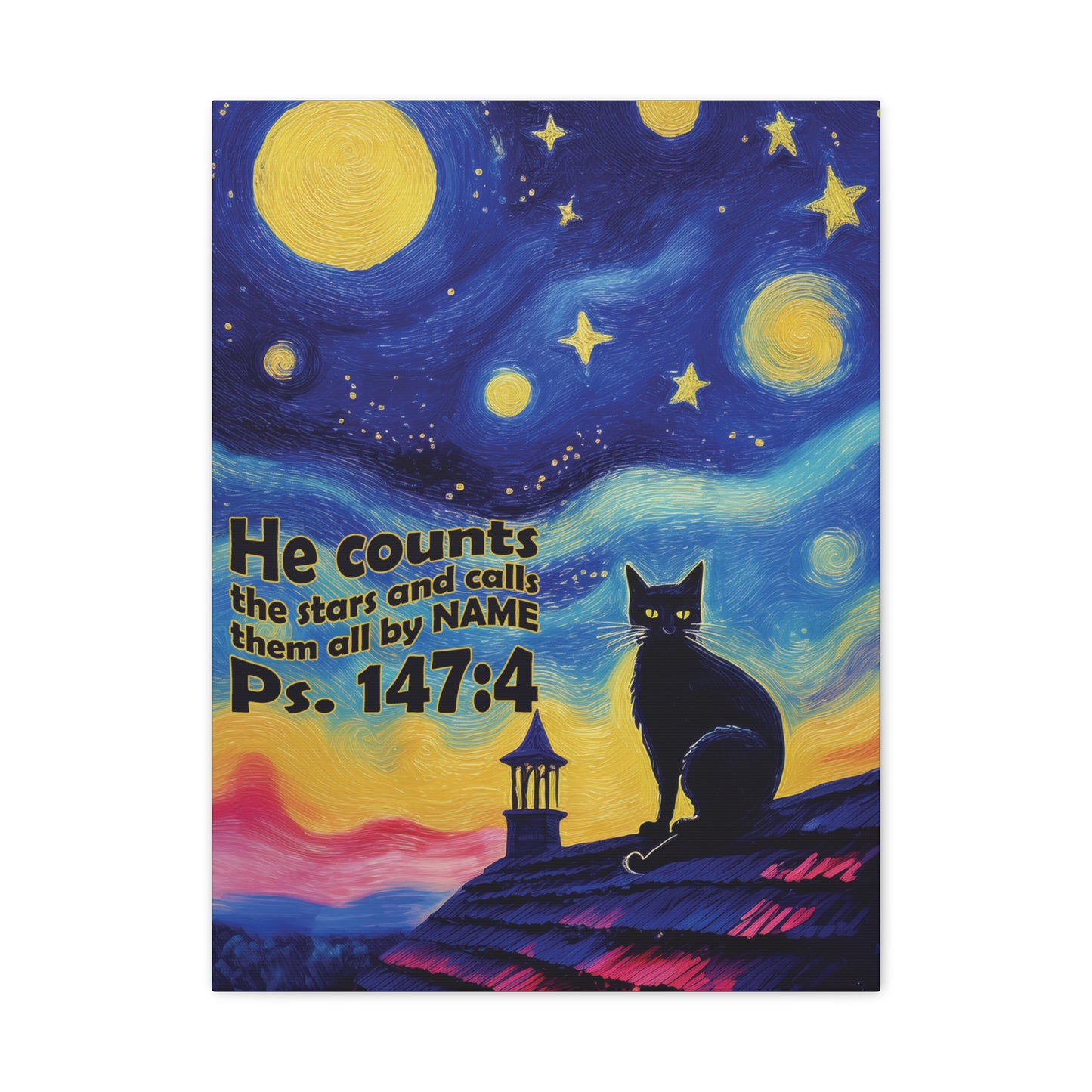 Starry Night Cat Canvas Print, Inspirational Wall Art, Cozy Home Decor, Cat Lover Gift, Psalms 147:4