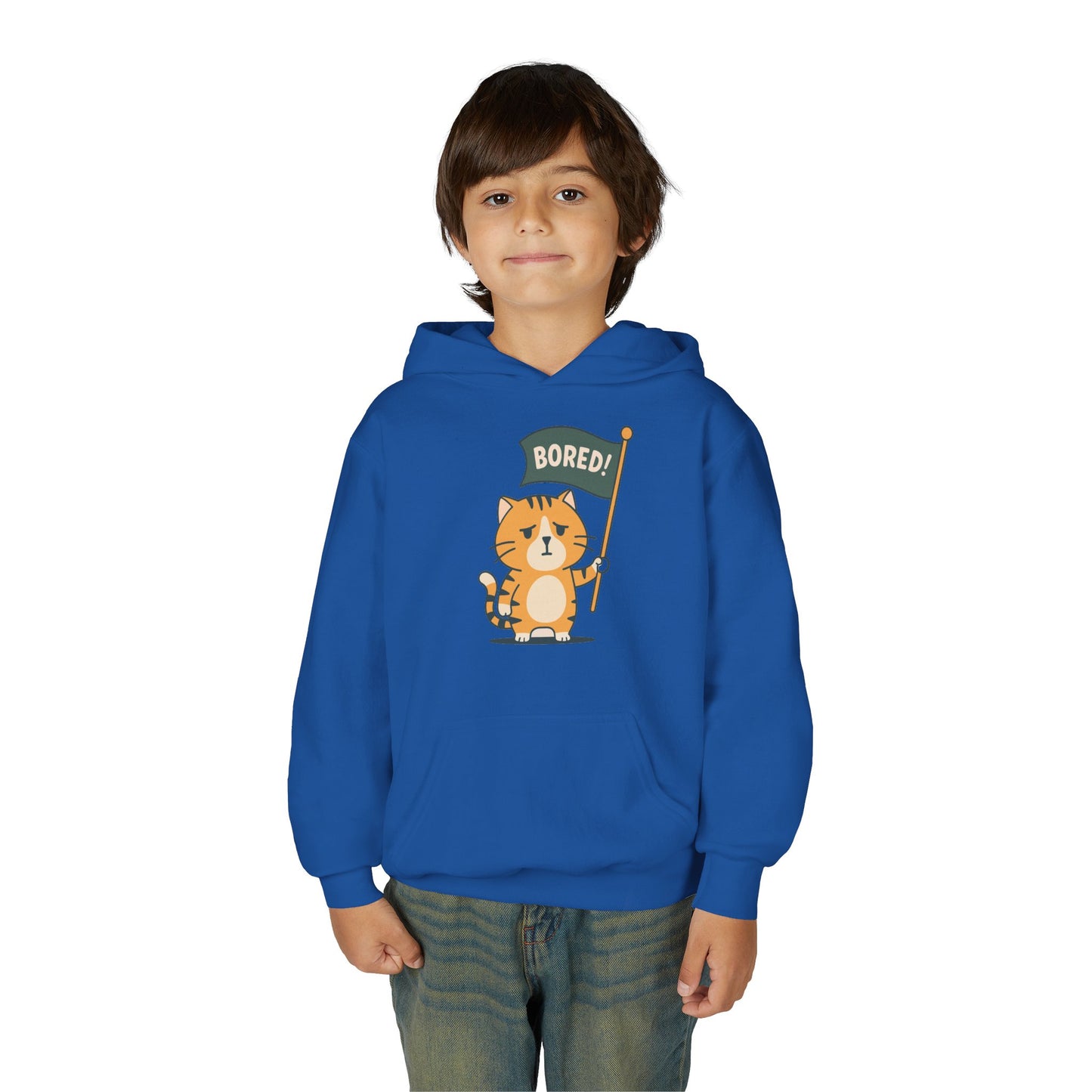 Funny Cat Bored Youth Hoodie, Cute Cat Sweatshirt, Kids Gift, Animal Lover Apparel, Fun Hoodie for Children, Everyday Wear