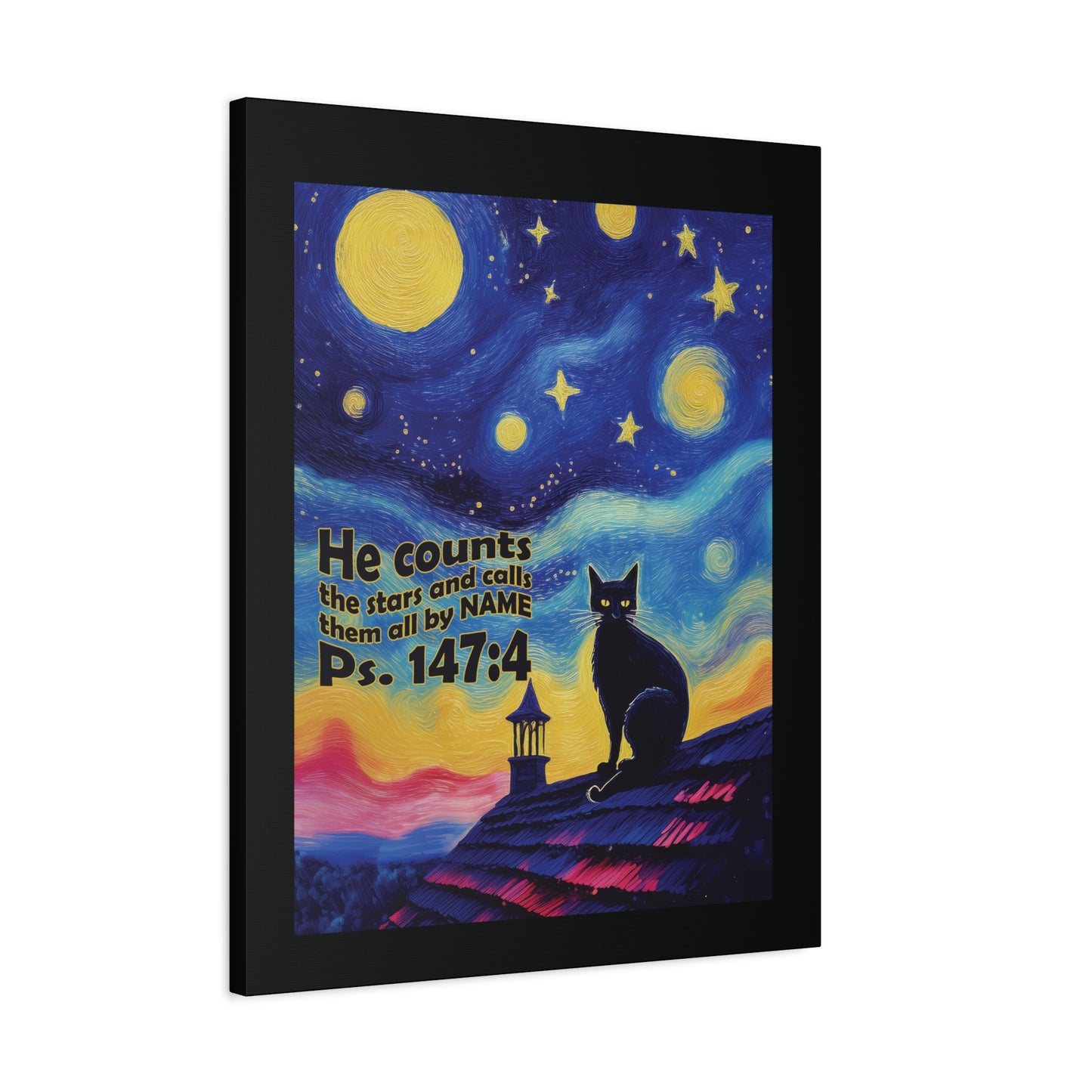 Starry Night Cat Canvas Print, Inspirational Wall Art, Cozy Home Decor, Cat Lover Gift, Psalms 147:4