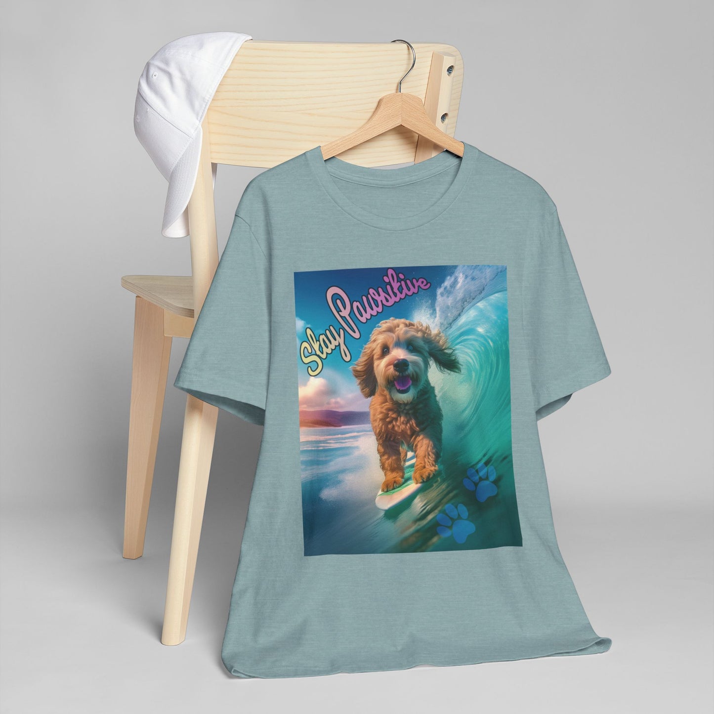 Surfing Dog Unisex Jersey T-Shirt | Stay Pawsitive Tee, Pet Lover Gift, Beach Outfit, Fun Summer Shirt, Dog Mom Apparel
