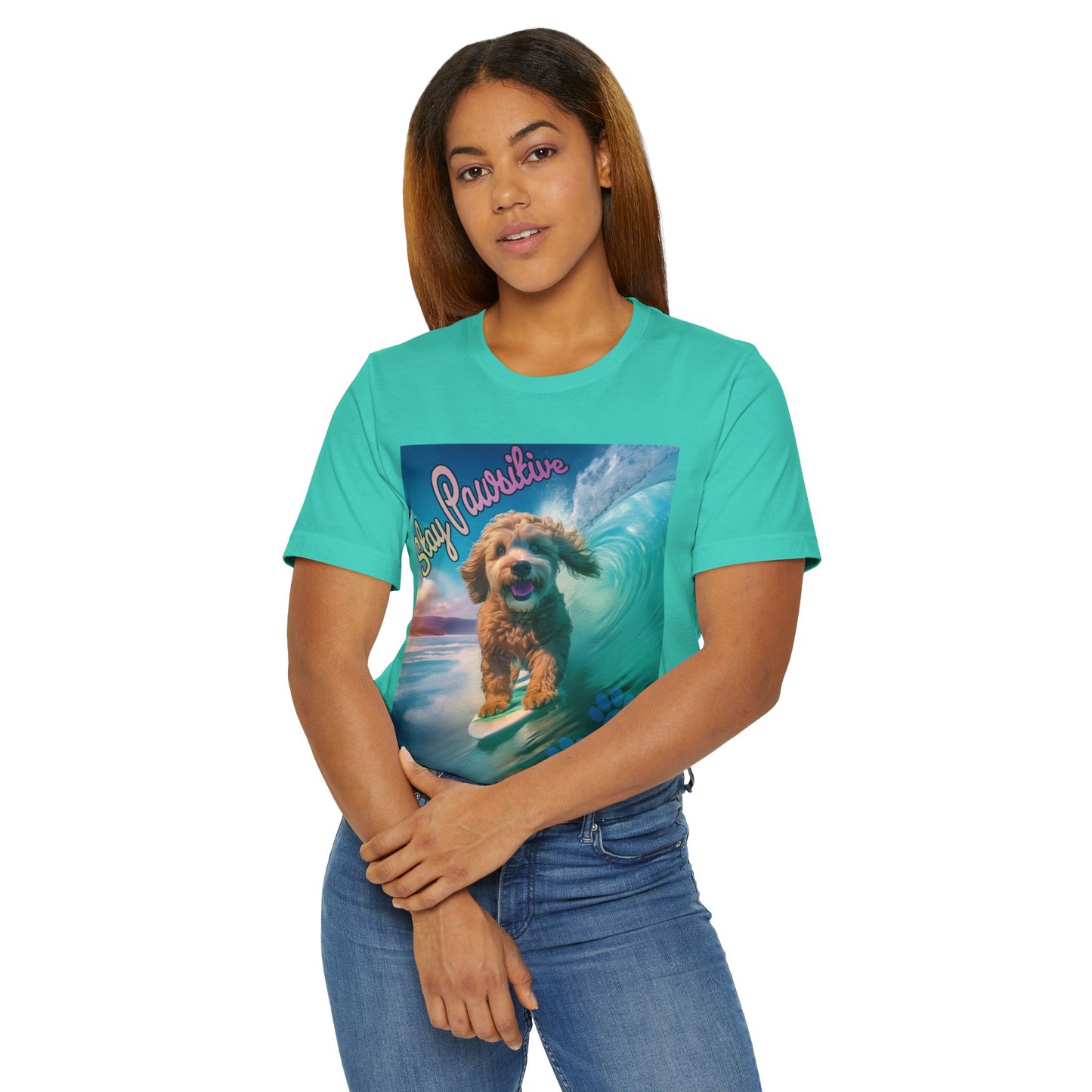 Surfing Dog Unisex Jersey T-Shirt | Stay Pawsitive Tee, Pet Lover Gift, Beach Outfit, Fun Summer Shirt, Dog Mom Apparel